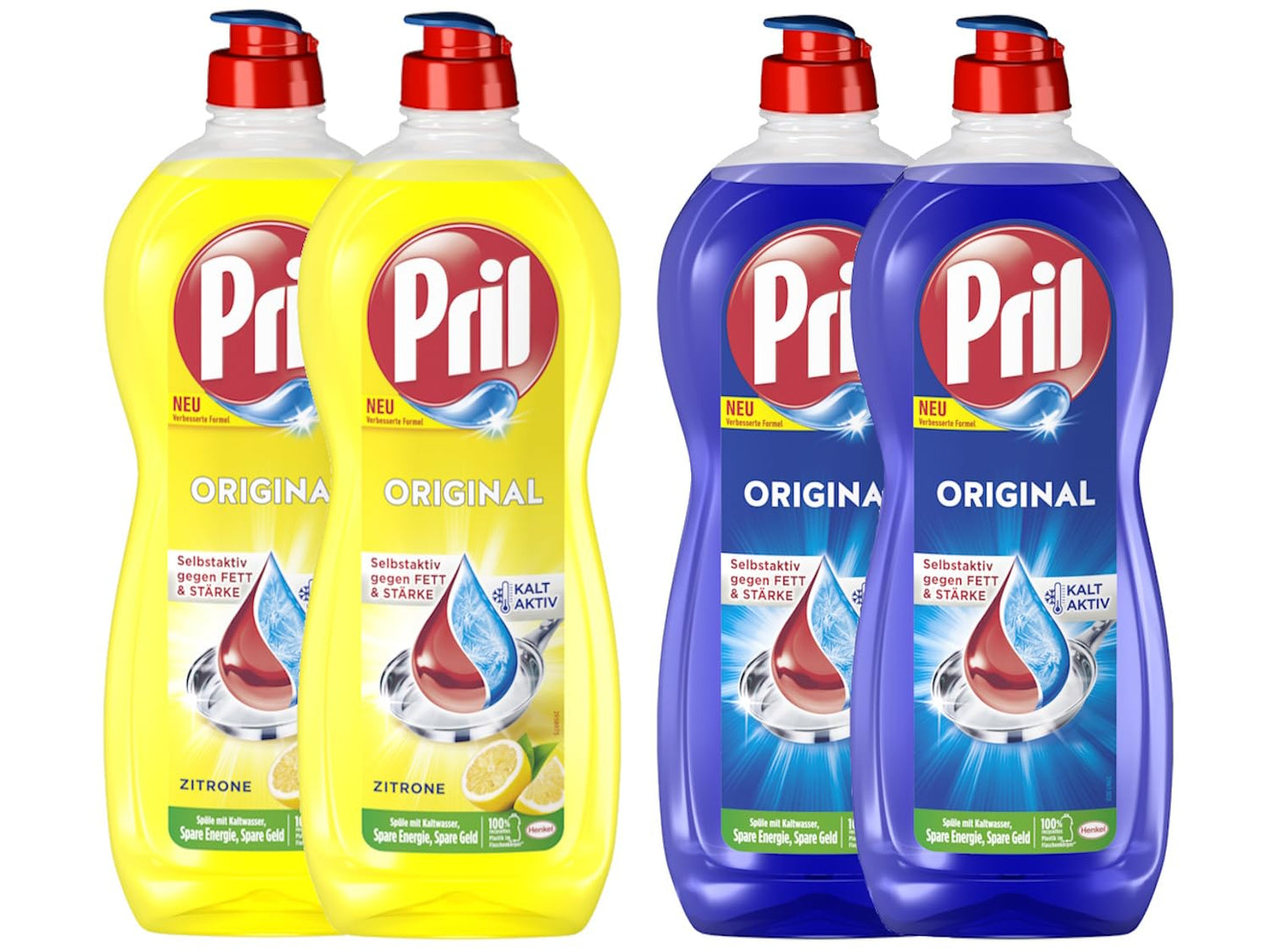 Trauku mazgāšanas līdzekļa komplekts PRIL Original, 2x Citrons un 2x Original, spēcīga tauku šķīdināšana, efektīvs arī aukstā ūdenī, 2x 675ml