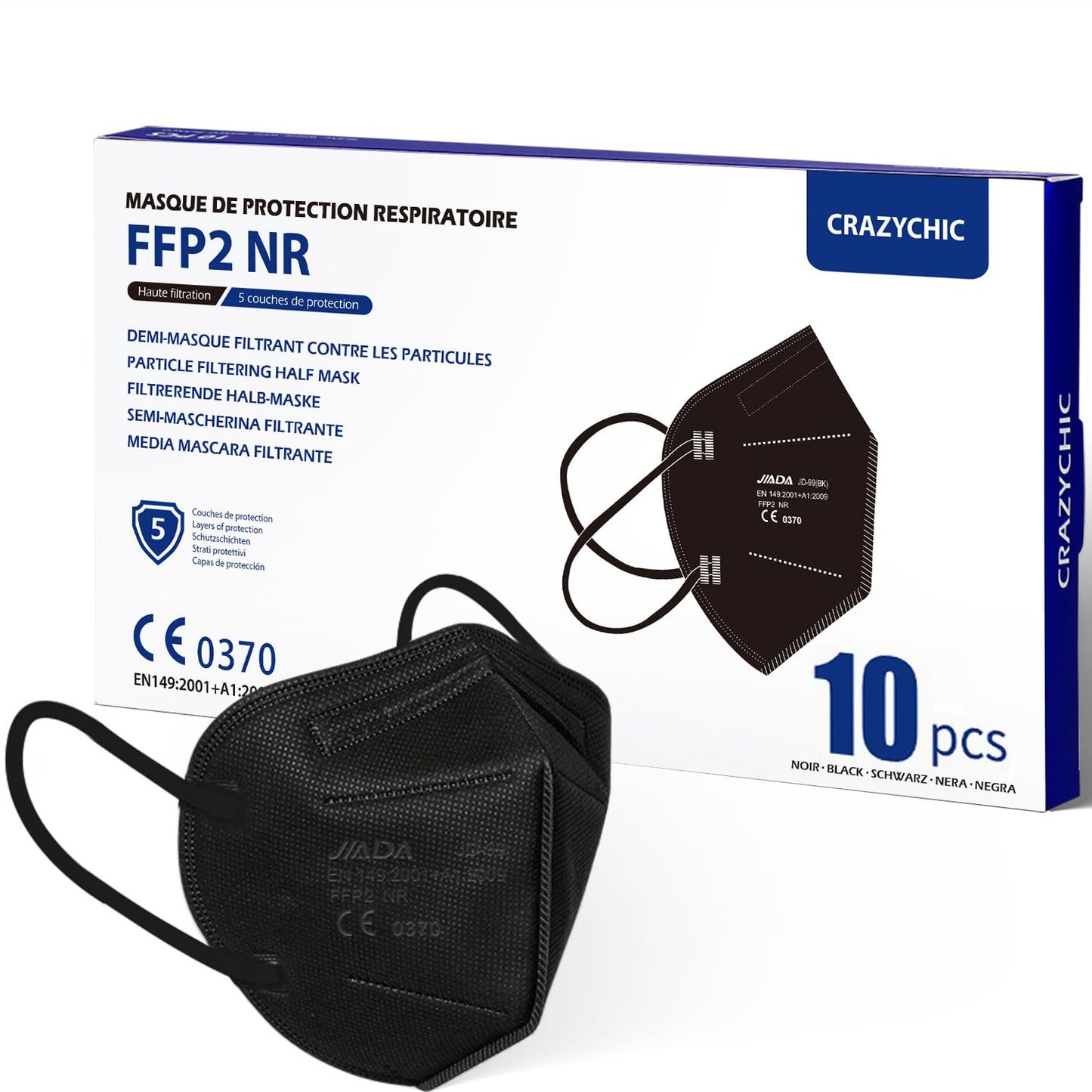 CRAZYCHIC - 10x FFP2 melnā aizsargmaska, 5 slāņi, higiēniski individuāli iepakota, EN149:2001+A1:2009