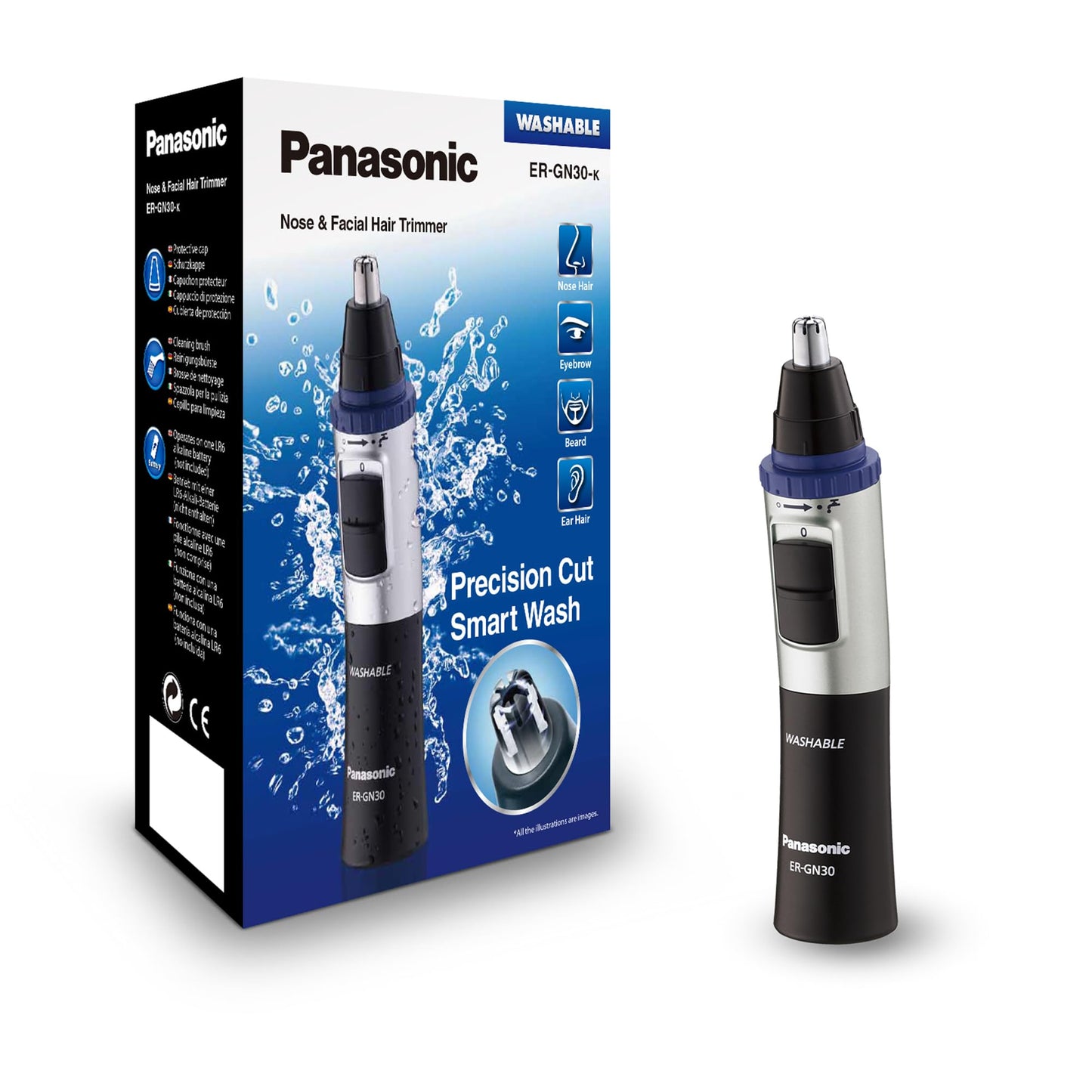 Nose un ausu matu trimmeris Panasonic ER-GN30-K503 vīriešiem, mitrai un sausai lietošanai, hipoalerģiska dubultā asmens, Vortex tīrīšanas sistēma, bezvadu, melns