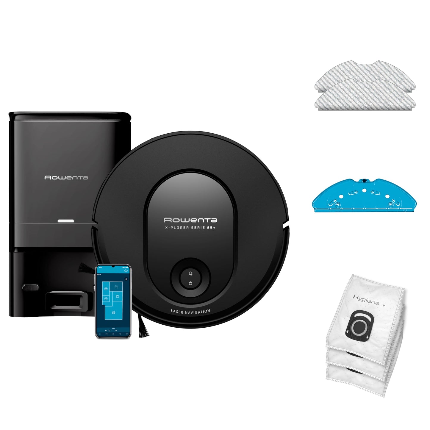 Rowenta Xplorer Series 65+ - lāzernavigācija, 120 min darbības laiks, lietotnes vadība, 7,8 cm augstums, melns.