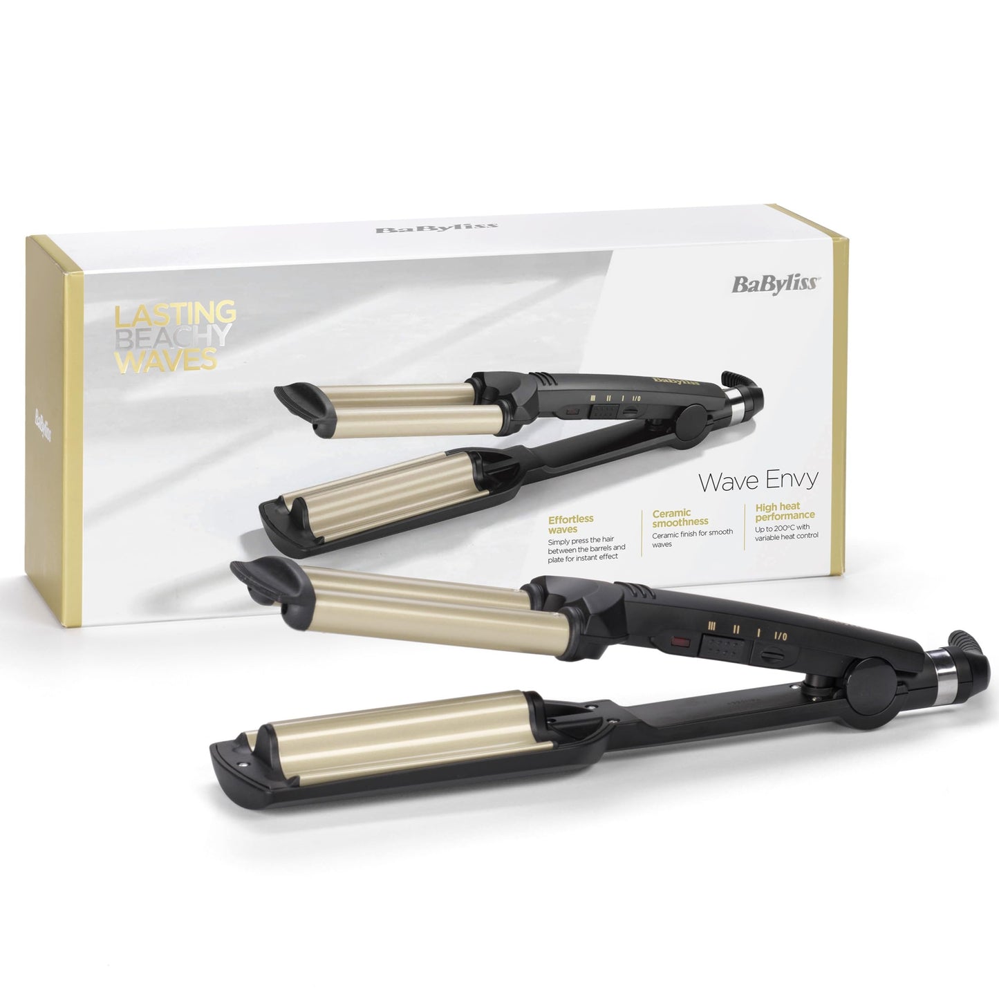 BaByliss Easy Waves – Viļņu dzelzs pludmales viļņiem, keramikas-titāna pārklājums, 3 temperatūras iestatījumi, karstumizturīgas gali, zelta un melna, C260E