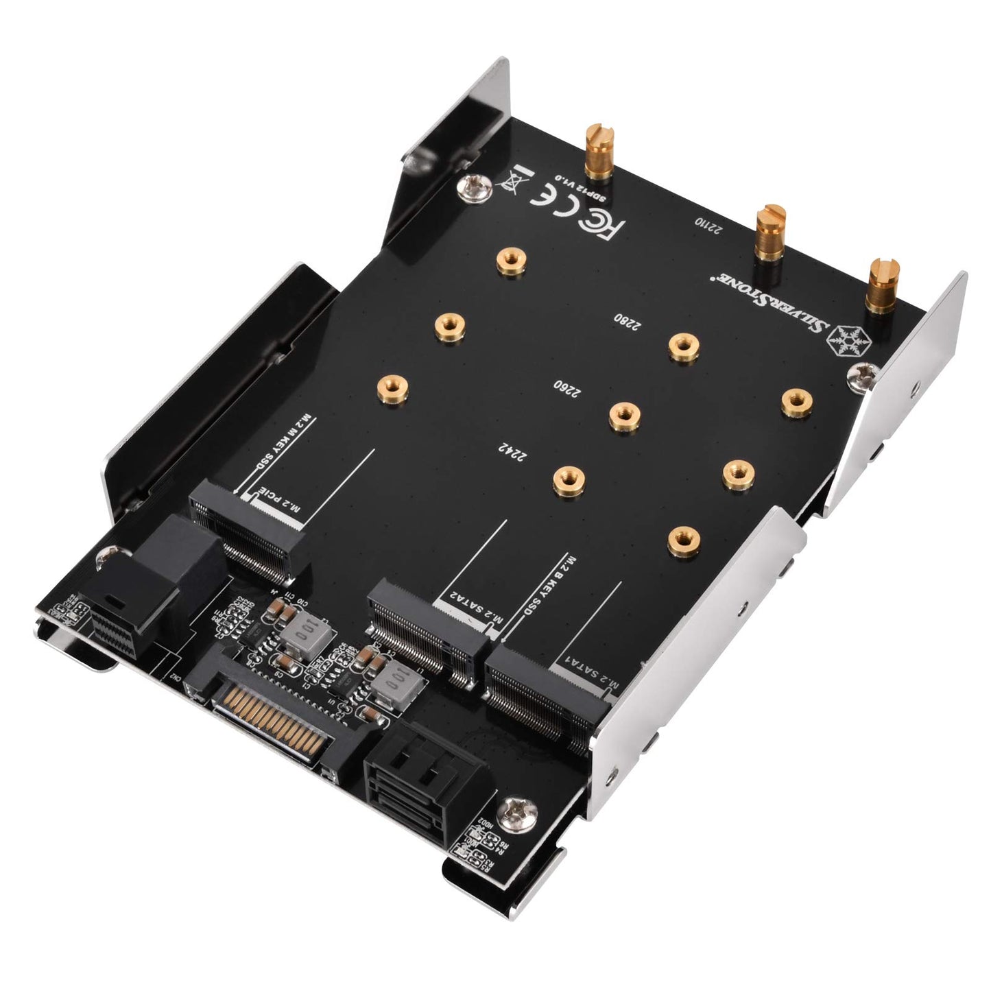 Silverstone SST-SDP12 - 3.5" adapter for 2x M.2 SATA and 1x M.2 NVMe SSDs, enhancing storage options.