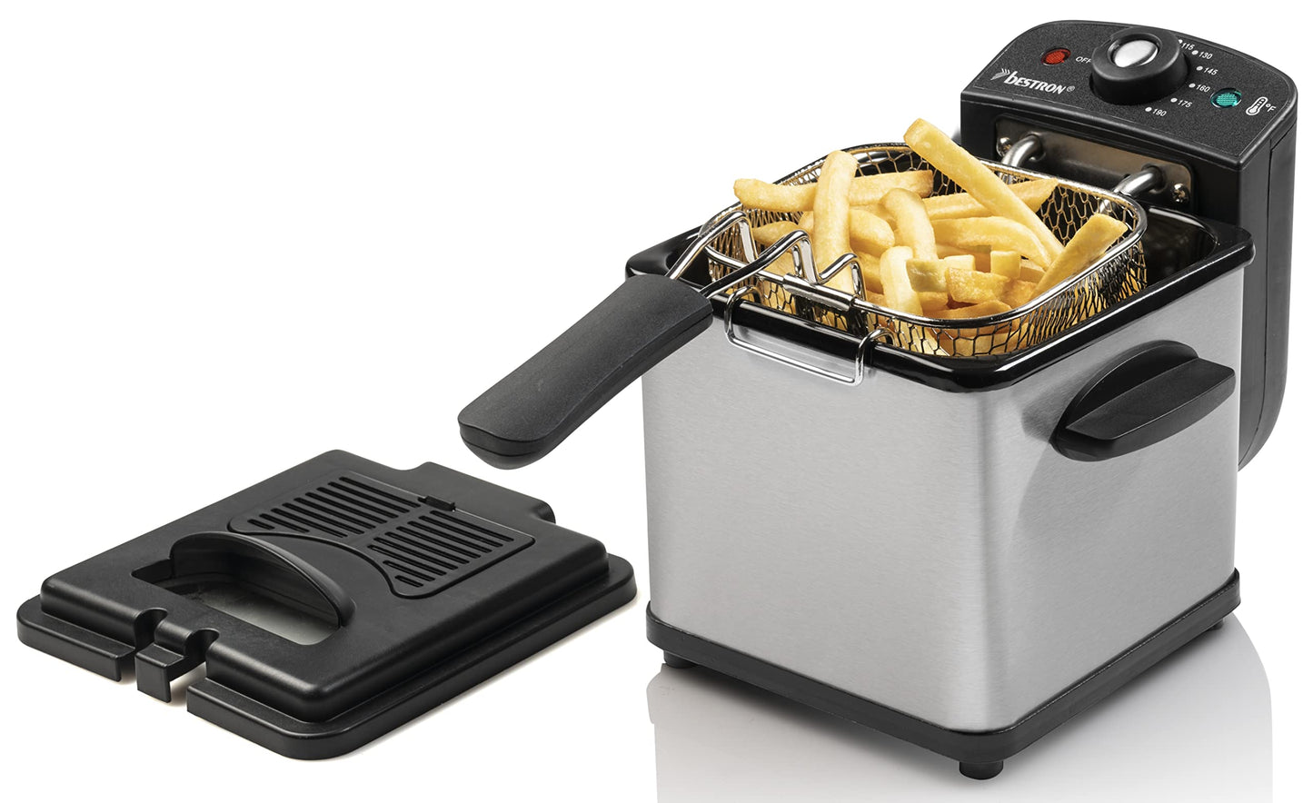 Bestron mini fritieris - 1 porcija, temperatūras kontrole līdz 190°C, nerūsējošā tērauda grozs, skata logs, eļļas filtrs, sudrabs