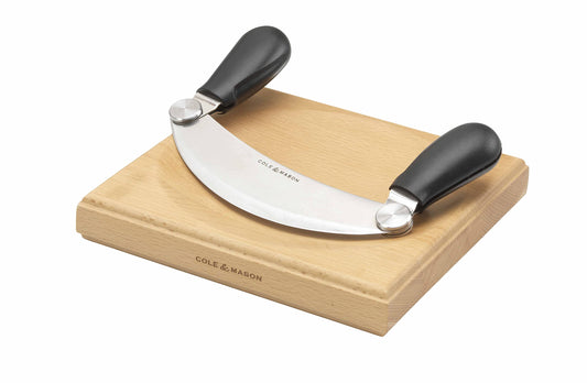 Cole & Mason Woodhall Herb Chopper & Board - Stainless steel blade, wooden base, ideal for chopping herbs.