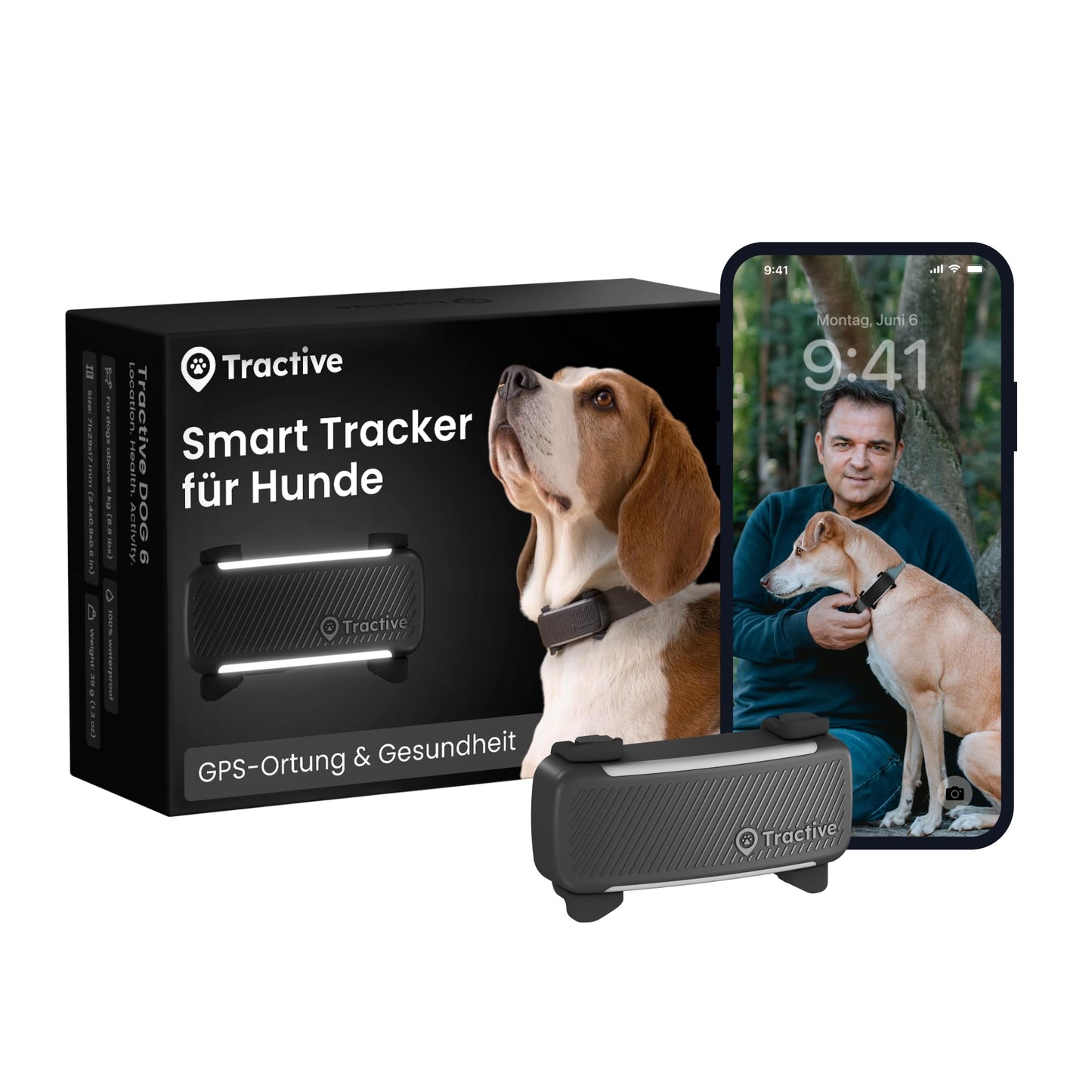 GPS izsekošanas ierīce suņiem Tractive, 2025 Edition, tiešraides atrašanās vietas noteikšana, bēgšanas brīdinājums, aktivitātes izsekošana, veselības brīdinājumi, riešanas uzvedība, Martin Rütter ieteikums, melns