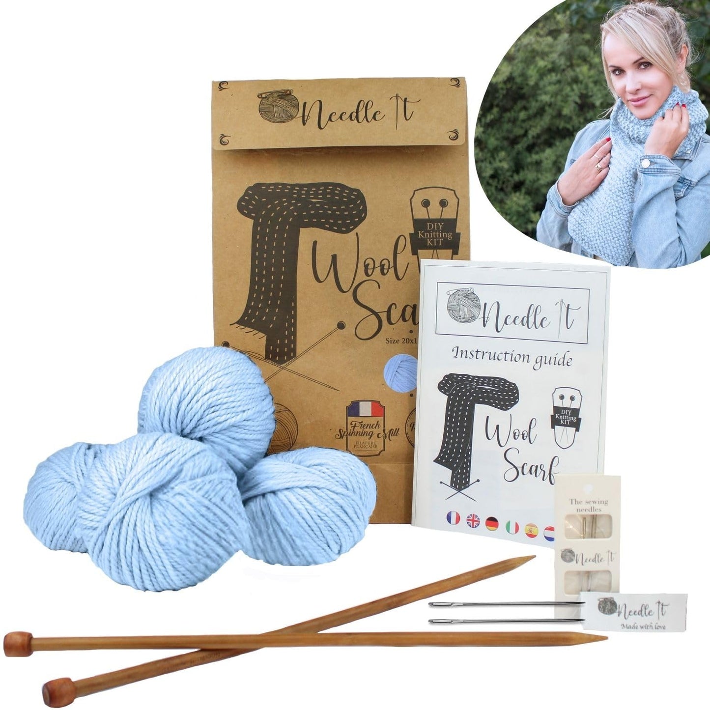 Adīšanas komplekts iesācējiem Needle It® ar adāmadatām, vilnas šalles adīšanai, dāvanu ideja, Himmelblau