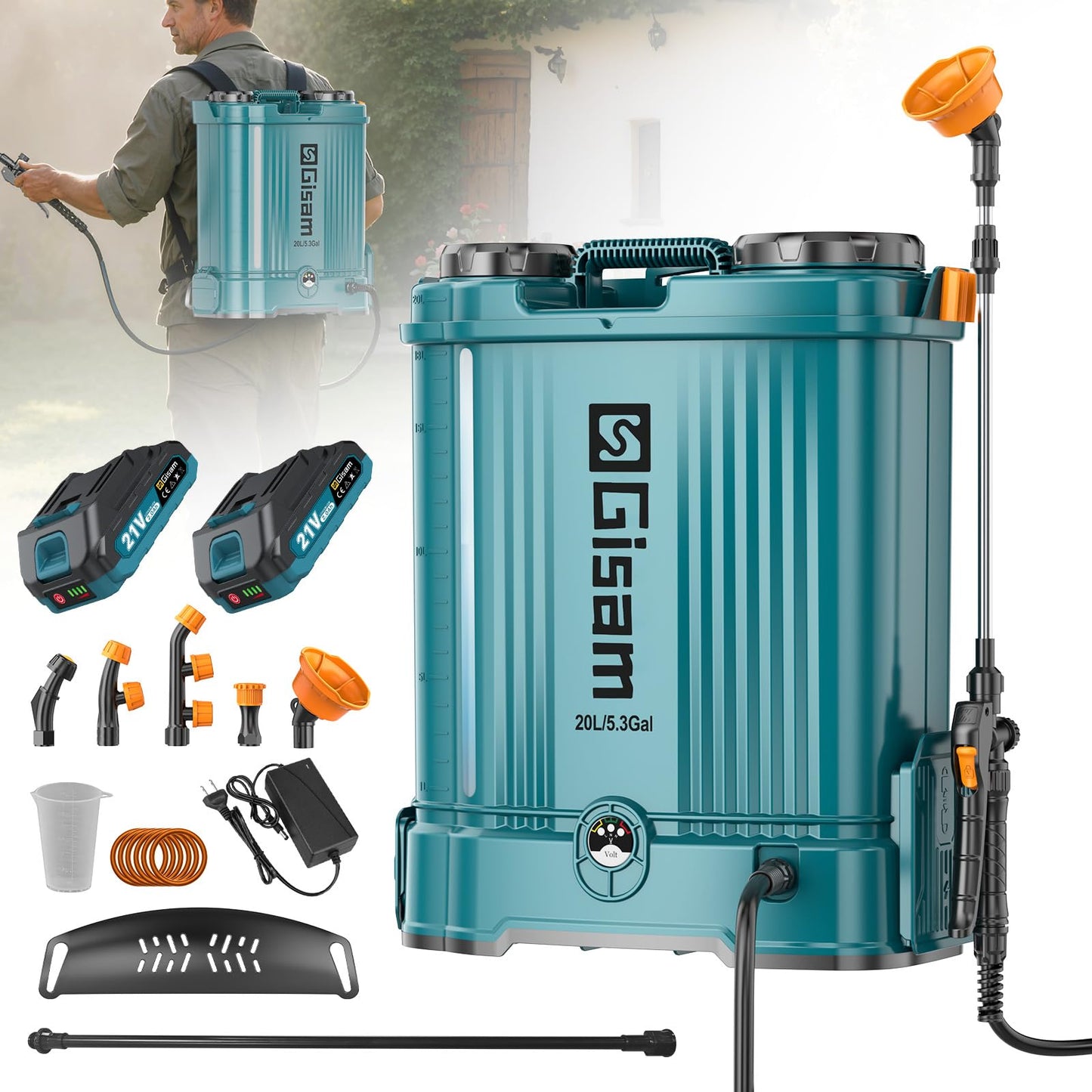 Akumulatora dārza smidzinātājs 20L, 120 PSI, ar 2 x 2000 mAh akumulatoriem, 5 sprauslām un korozijizturīgu smidzināšanas stieni, teleskopiskais stienis
