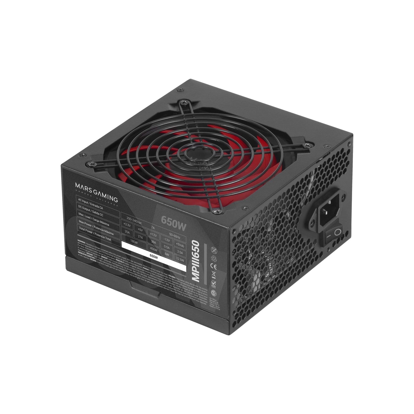Mars Gaming MPIII650 - 650W ATX power supply, 85% efficiency, Silent AI-RPM technology, 5-year warranty, black.