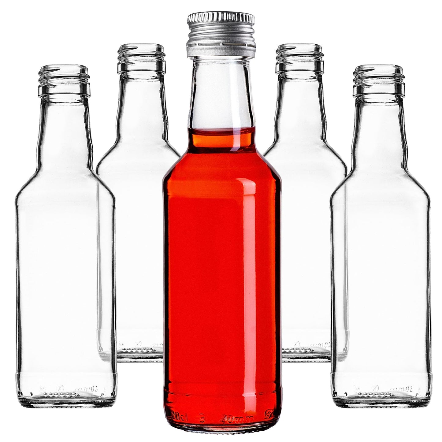 KADAX 10 gab. stikla pudeles 200ml ar skrūvējamu vāciņu, sudraba krāsā - tukšas mazas pudeles pildīšanai liķierim, šņabim, eļļai, etiķim un sīrupam
