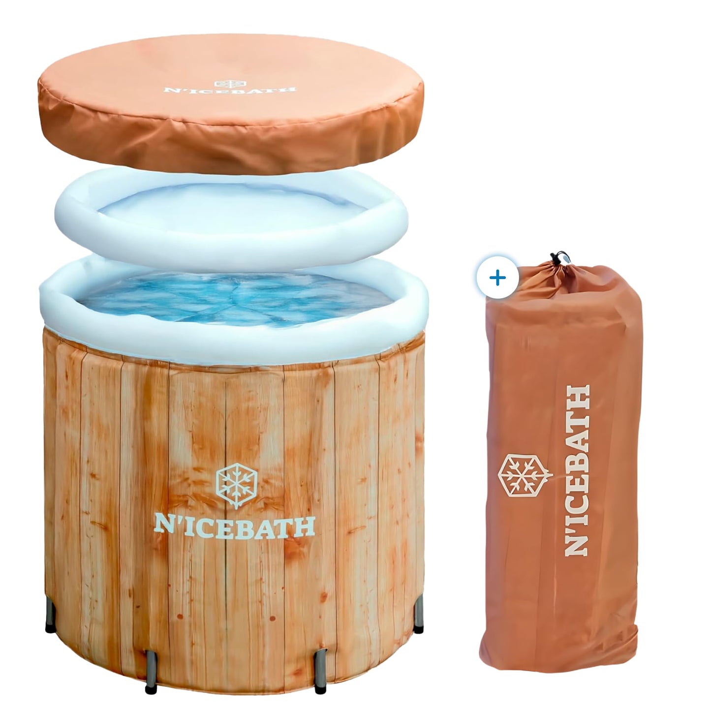 N'ICEBATH Icebath RefreshPod 80 cm Ø x 75 cm koka apdarē - ledus vannas muca - salokāma ledus vanna profesionāļiem, sportistiem un atlētiem - ar pārsegu - ārtelpām un iekštelpām