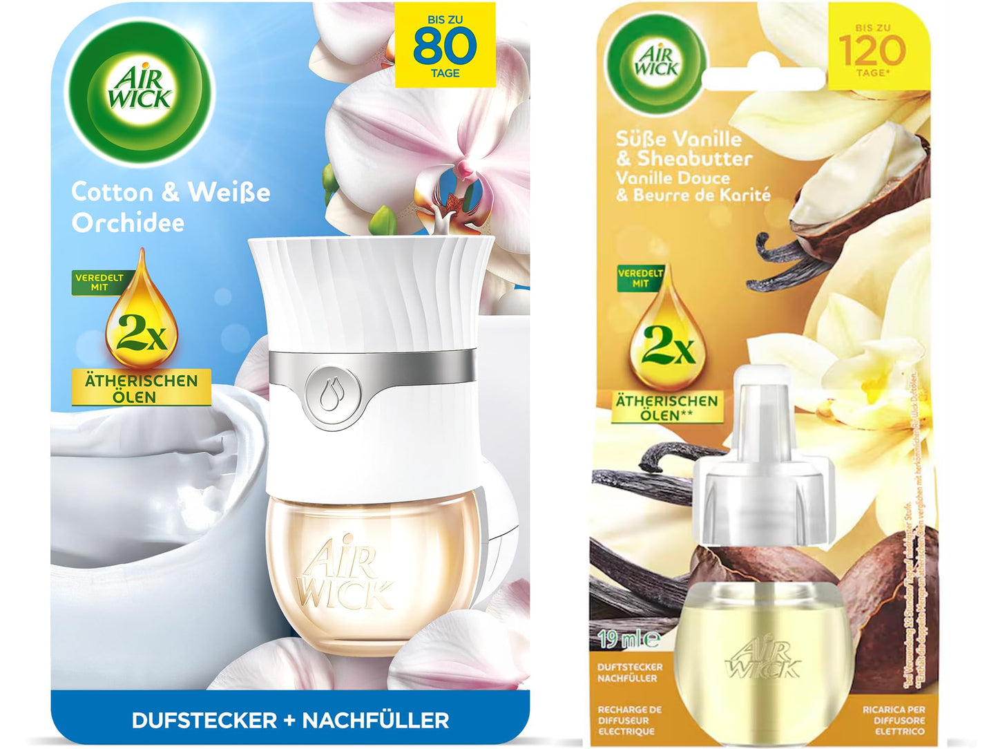 Aromātisko eļļu difuzors Air Wick sākuma komplekts, 1 ierīce, 1 x 13ml Cotton & Weiße Orchidee uzpilde un 1 x Süße Vanille & Sheabutter 19ml uzpilde