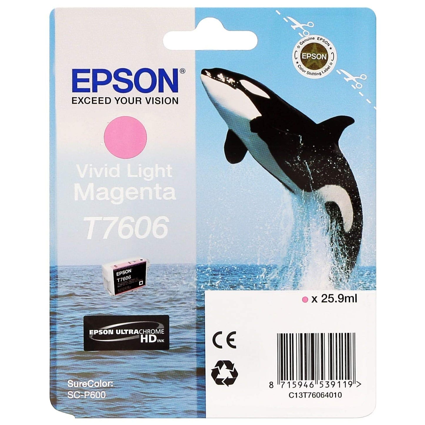 Epson T7606 Killer Whale Magenta Ink Cartridge - 26 ml, vivid color, standard capacity, compatible with select Epson printers
