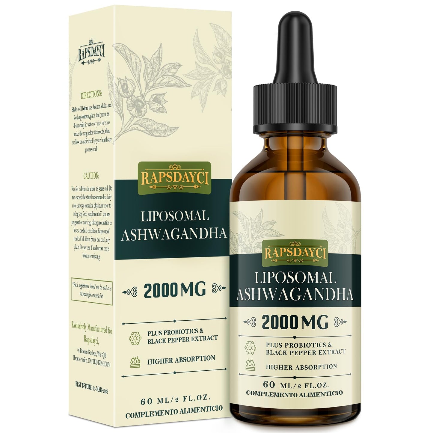 2000 mg liposomālie ašvagandas pilieni, augsta deva ašvagandas sakņu ekstrakts, oriģinālā indiešu miega oga, 7% withanolidu, 5X koncentrācija, praktiskāki nekā kapsulas, 60ml (1 iepakojums)