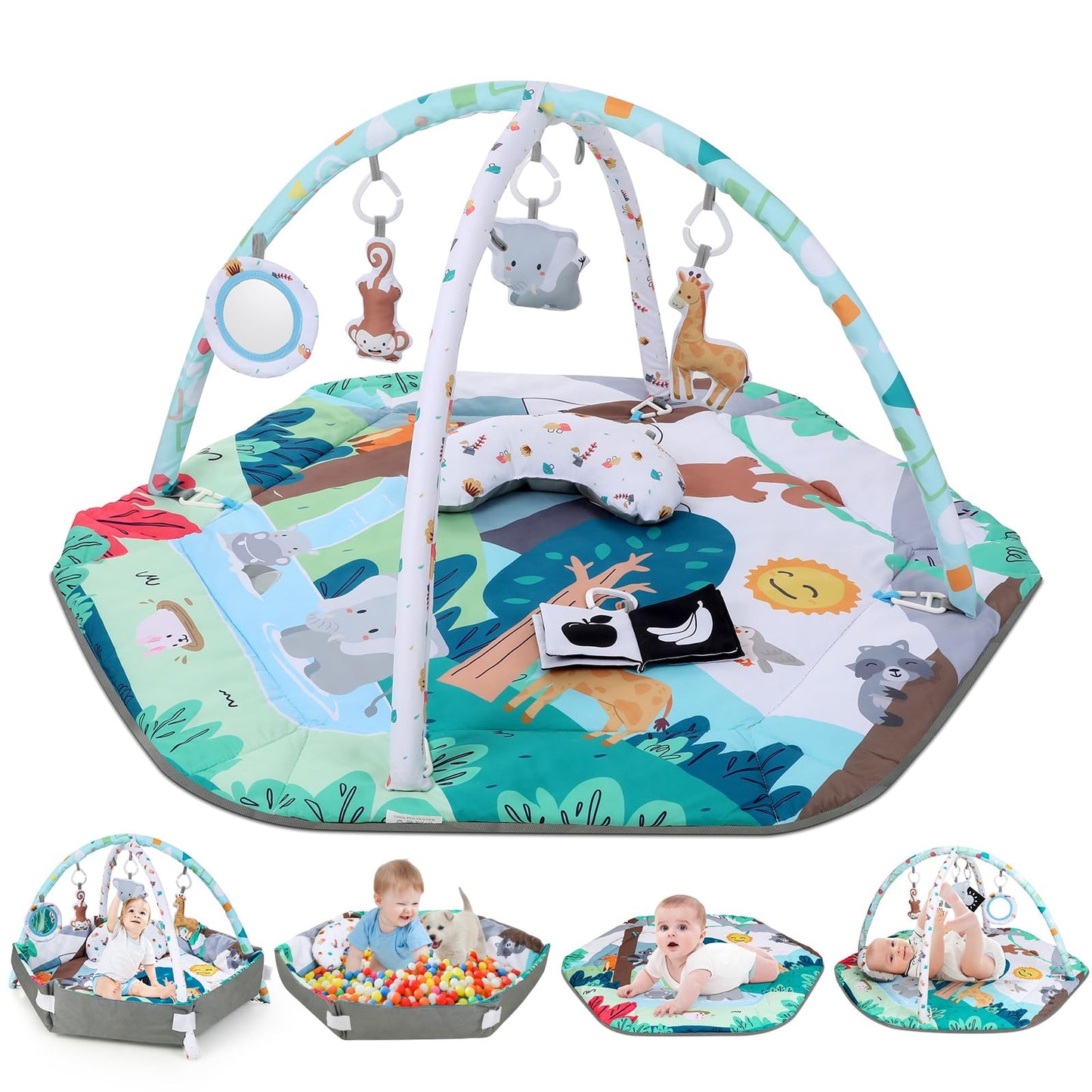 Lilian&Gema bērnu aktivitāšu arka 4in1, baby gym, bērnu spēļu sega ar 6 rotaļlietām