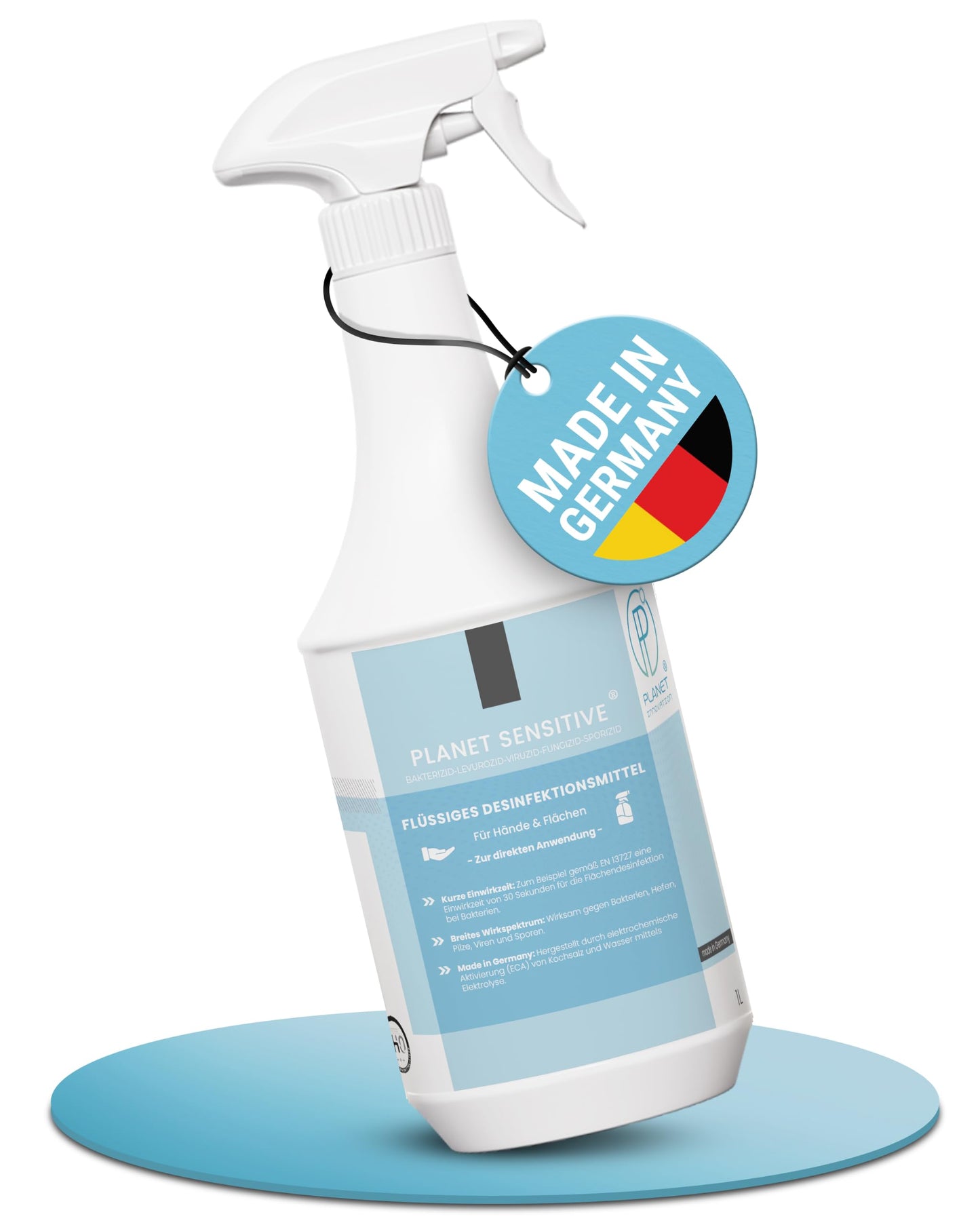 Dezinfekcijas līdzeklis bez spirta Planet Sensitive® 1L virsmām, ādai un rokām | Efektīvs pret baktērijām, vīrusiem, sēnītēm, sporām un pelējumu | Bāzisks | Smidzināmā pudele