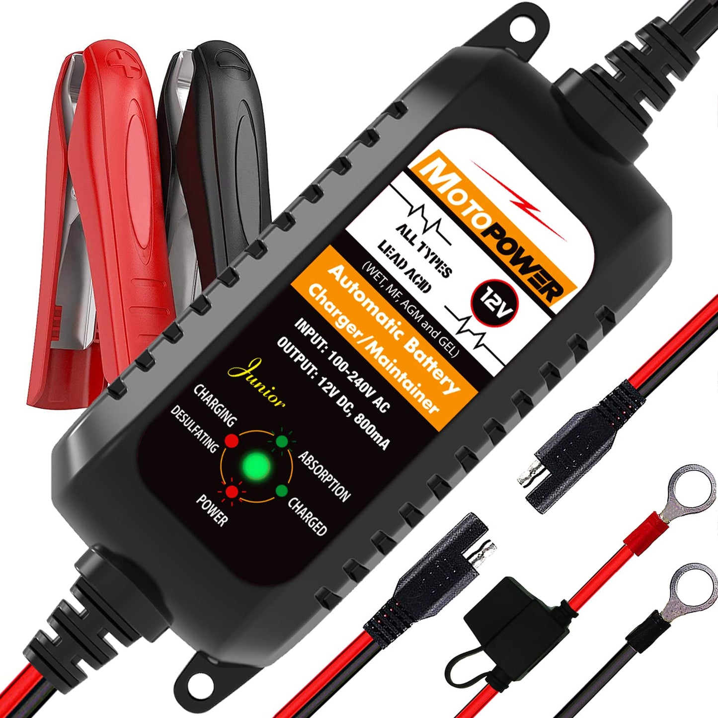 MOTOPOWER MP00205A 12V 800mA automātisks akumulatora lādētājs automašīnām, motocikliem, ATV, kemperiem, powersports un laivām