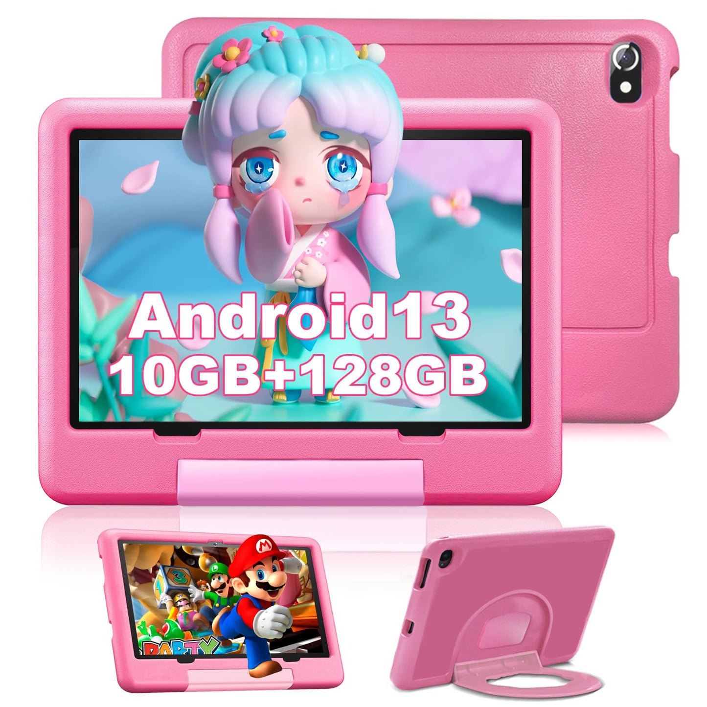 Bērnu planšetdators 10 collas Android 13, 10 GB RAM + 128 GB ROM / 1 TB, Octa-Core, 1080P IPS, Ar bērnu drošību, 6000 mAh, Divas kameras, WiFi, Bluetooth 5.0, Vāki, Rozā
