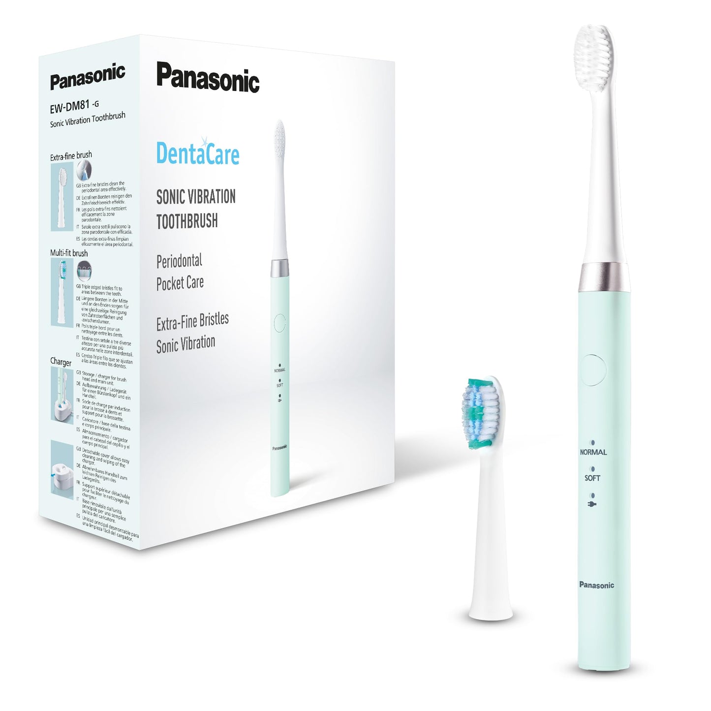 Panasonic EW-DM81-G503 uzlādējama elektriskā zobu birste, 1 ekstra smalka birste un 1 Multi-Fit birste, uzlādes stacija, skaņas vibrācija, 2 tīrīšanas režīmi, 30 minūšu akumulatora darbības laiks, LED akumulatora indikators, zaļa