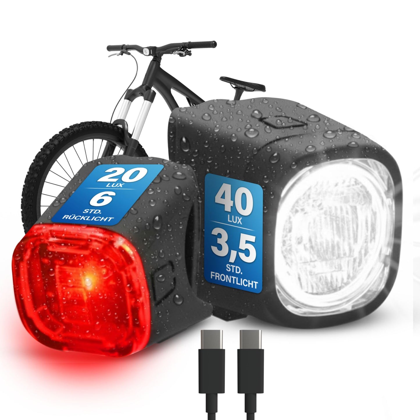 Velosipēda apgaismojuma komplekts FISCHER Square, 90 Lumen, 40/20 Lux, priekšējā un aizmugurējā lampa, USB uzlāde, IP44, StVZO apstiprināts