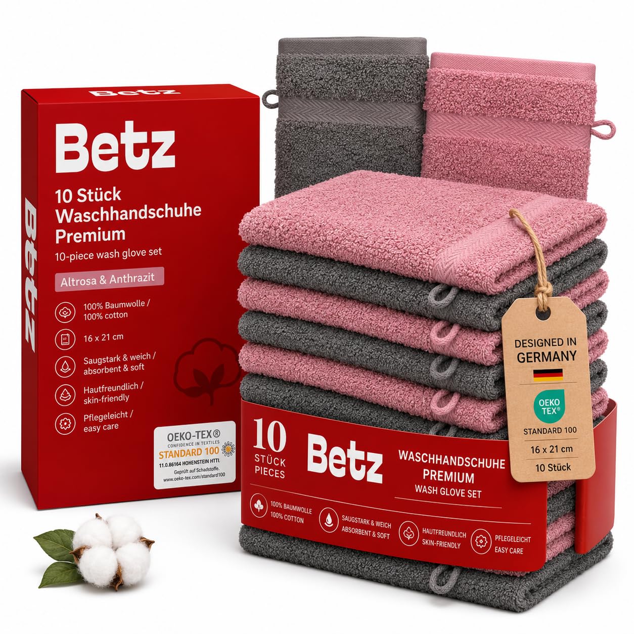 Betz 10 gab. mazgāšanas cimdi Premium 100% kokvilna, mazgāšanas lupatiņu komplekts 16x21 cm, vecrozā un antracīts