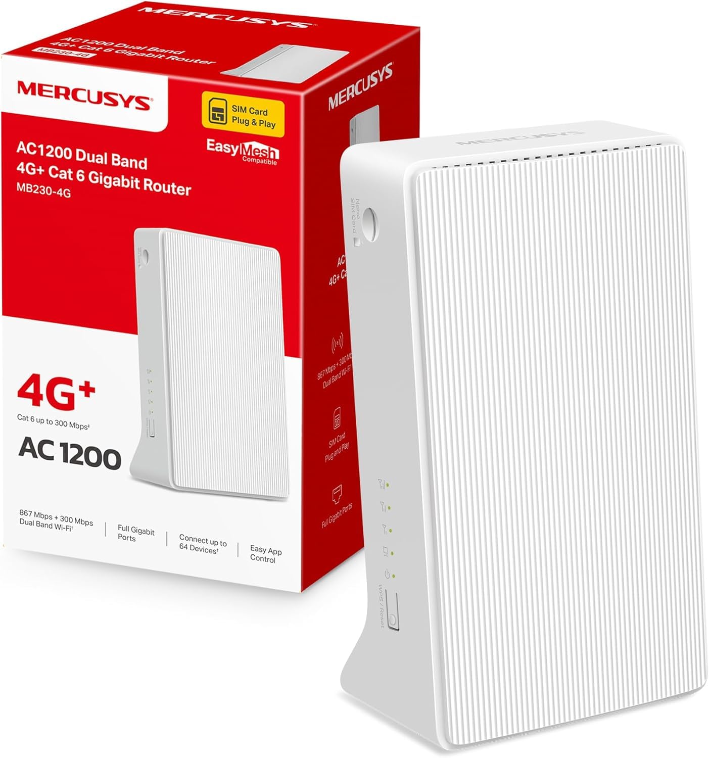 Mercusys MB230-4G LTE maršrutētājs, 4G+ maršrutētājs atbalsta SIM kartes, 4G+ Cat6 līdz 300Mbps, WLAN divjoslu AC1200, Gigabit-LAN/WAN pieslēgumi, Plug and Play, līdz 64 ierīcēm, viesu tīkls