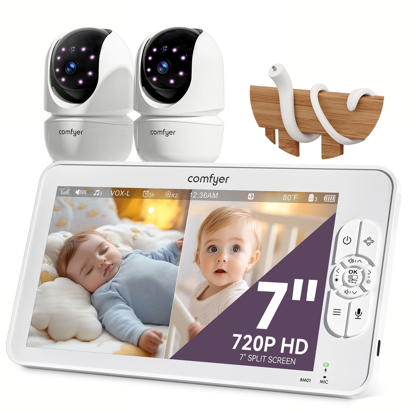 Comfyer BM01 bērnu monitors ar divām kamerām, 7" HD 720P bez Wi-Fi ar stiprinājumu, IR nakts redzamība VOX režīms ar skaņas trauksmi 2 virzienu audio 6000mAh 300M darbības rādiuss video novērošanas ierīce