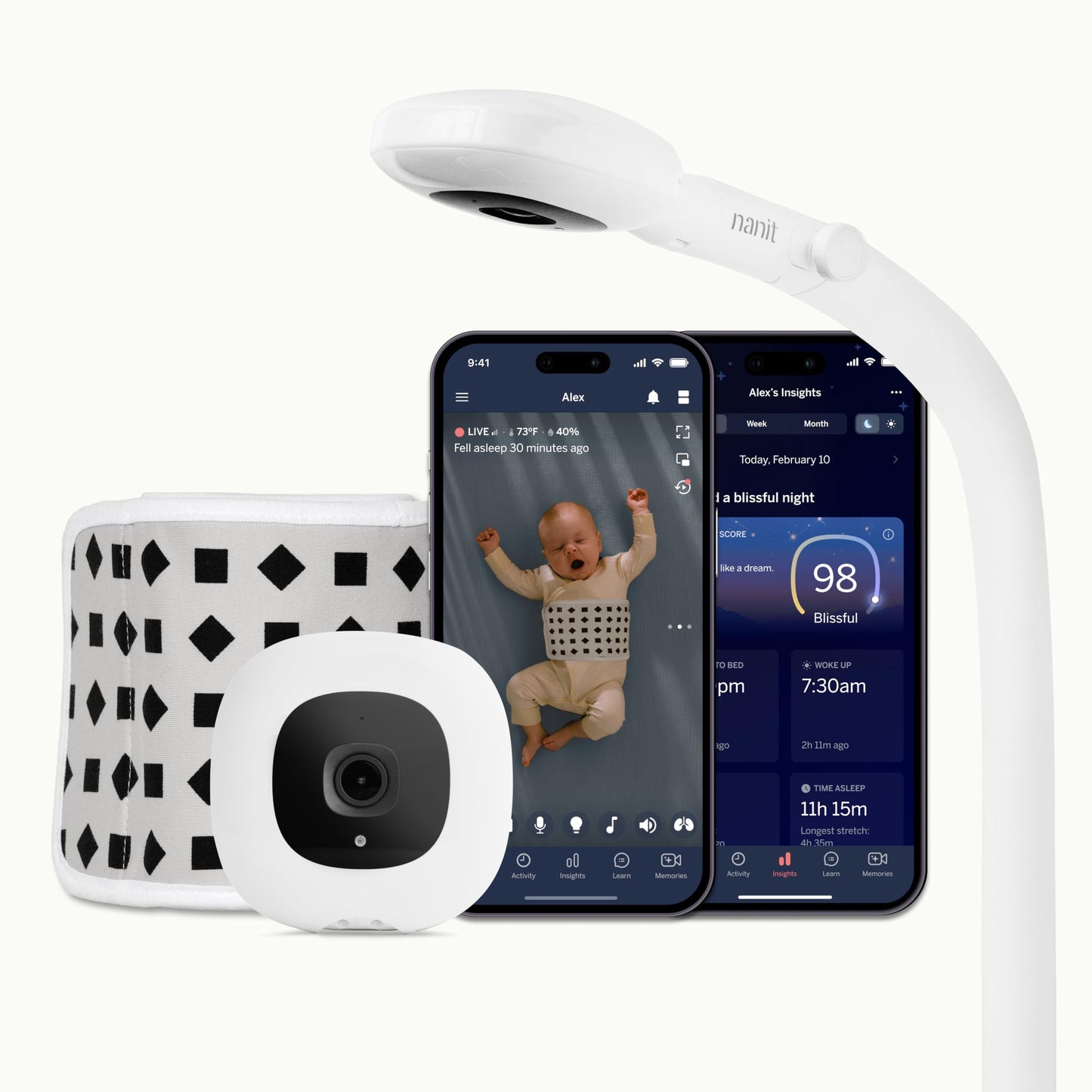 Nanit Pro bērnu monitors ar kameru, grīdas statīvu un elpošanas uzraudzību, balts