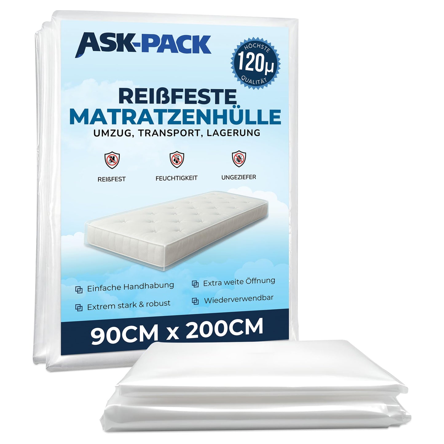 ASK Pack matrača pārvalks pārvākšanai un uzglabāšanai, 120µm - 90x200 cm - Junior