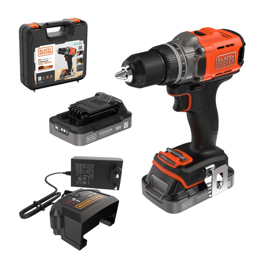 BLACK+DECKER POWERCONNECT 18V drill - includes 2 x 2.0 Ah batteries, 1A charger, and carrying case, model BCD382D2XK-QW