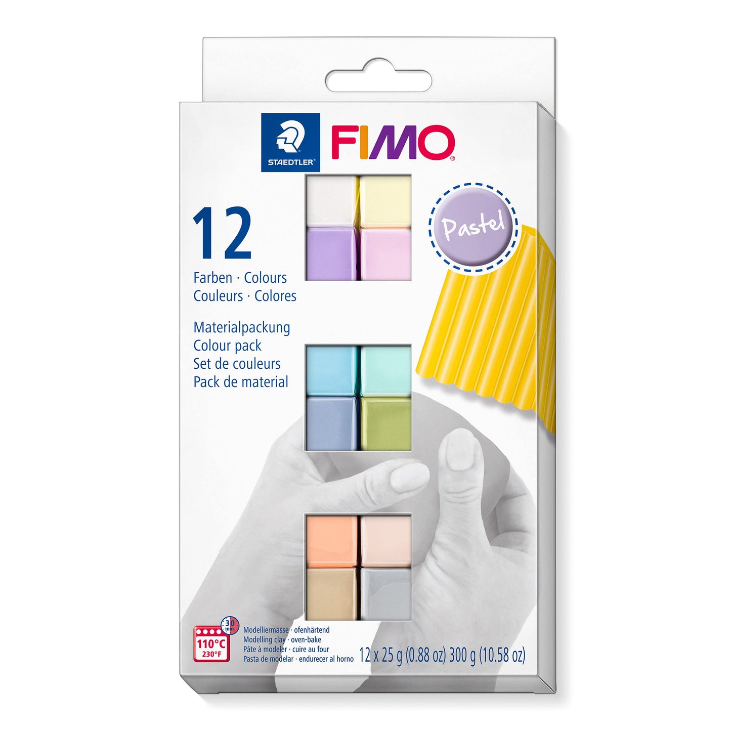 Cepeškrāsnī cietējoša modelēšanas masa STAEDTLER FIMO soft, pasteļtoņi, mīksta un vijīga, iesācējiem un hobija māksliniekiem, 12 pusbloki pa 25 g, sortētas krāsas