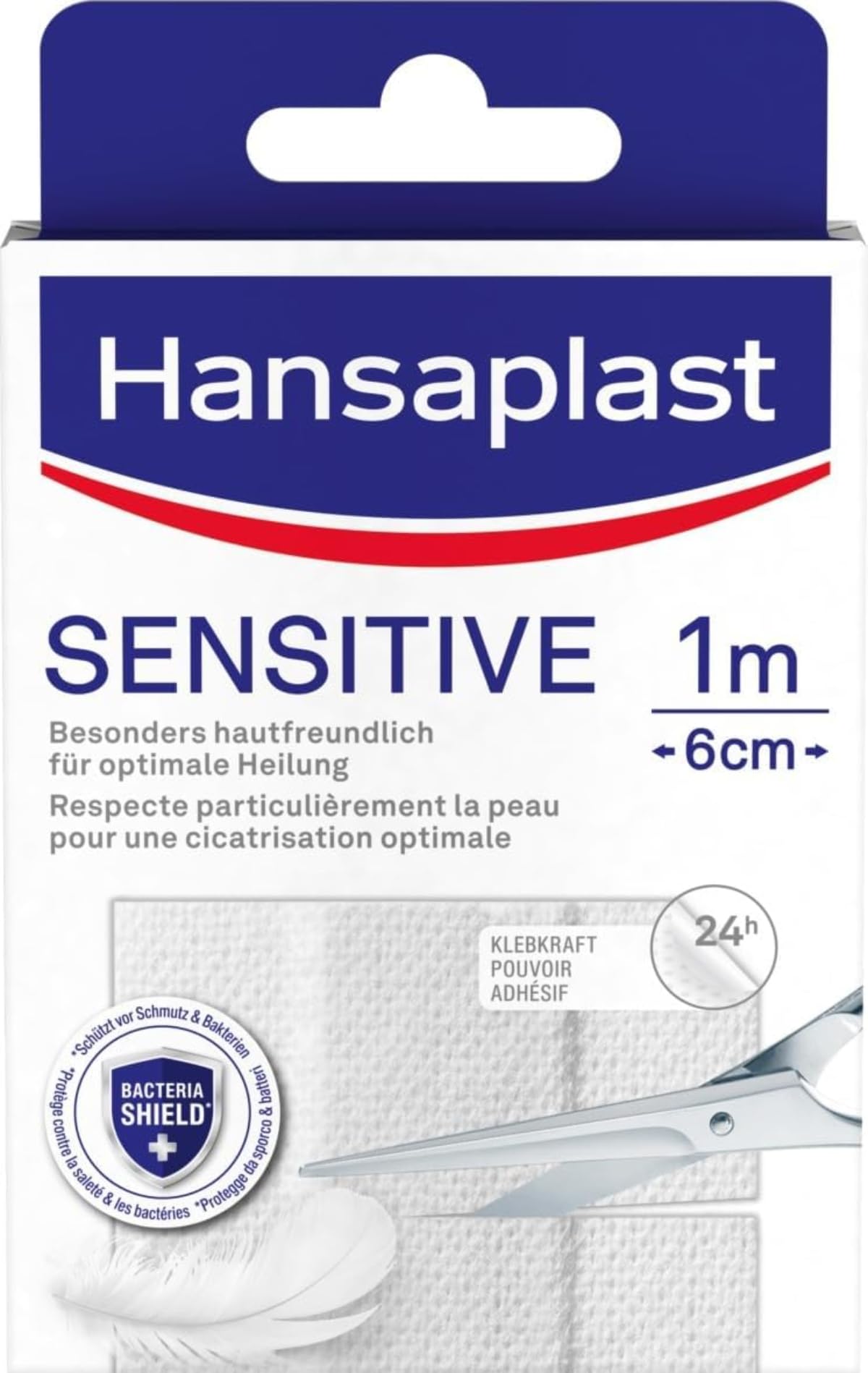 Pārsēji brūcēm Hansaplast Sensitive 1 m x 6 cm, pēc izmēra griežami, ādai saudzīgi ar Bacteria Shield un drošu līmi, nesāpīgi noņemami