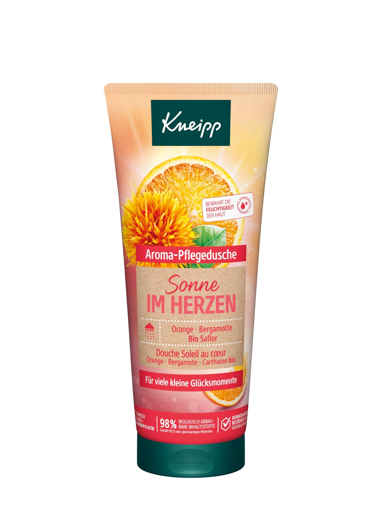 Dušas želeja Kneipp Aroma-Pflegedusche Sonne im Herzen ar apelsīnu, bergamoti un bio safloru, 200ml