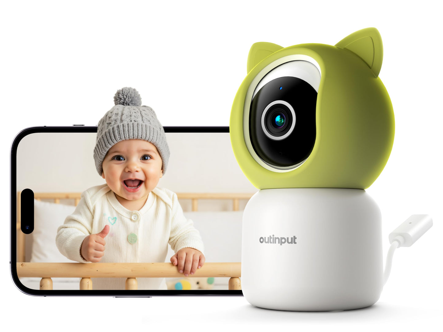 Outinput 2K/4MP WLAN baby monitors ar kameru un lietotni, 360° baby monitor with camera, barošanas atgādinājums, šūpuļdziesmas, krāsainā nakts redzamība, 2 virzienu audio, nakts redzamība, kustības/raudāšanas/temp./mitruma noteikšana