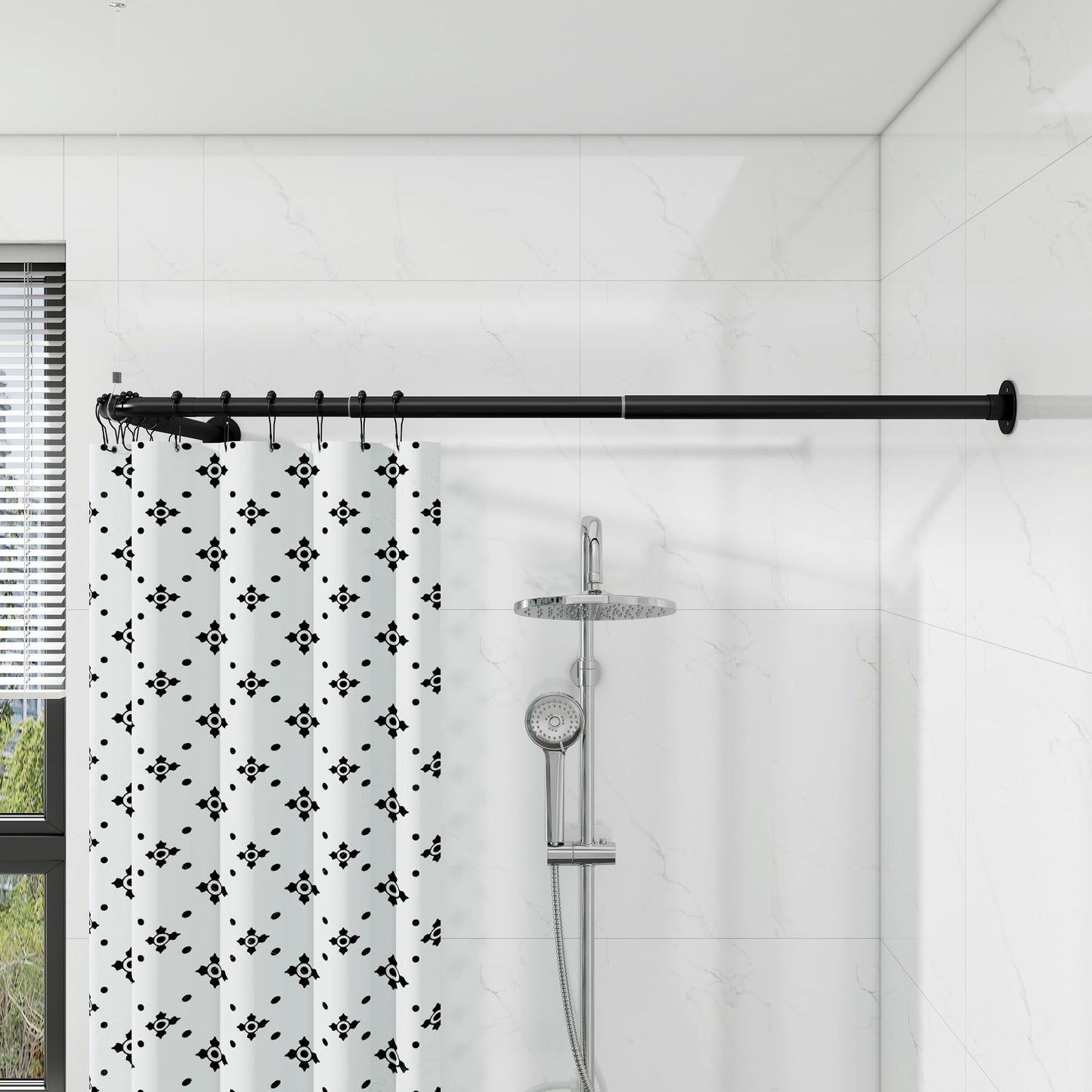Dušas aizkaru stanga L formā, regulējama stūra stanga 62-122 cm × 62-122 cm, ar 12 gredzeniem un griestu balstu, nepieciešama urbšana (melna)