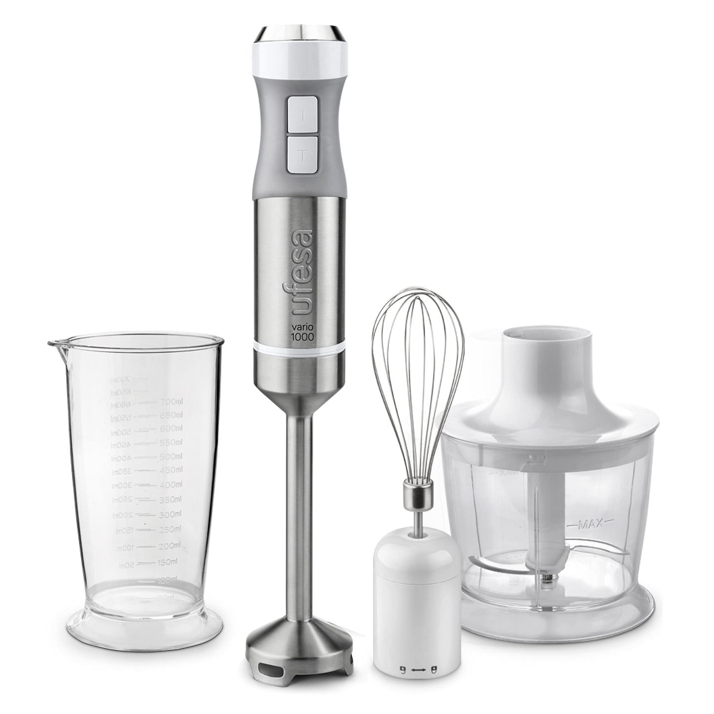 Ufesa Stabmixer BP4582 Vario 1000 Max, jauda 1000 W, 20 ātrumi + Turbo, 2 asmeņi, ergonomisks un ūdensizturīgs dizains, ieskaitot piederumus, BPA bezmaksas