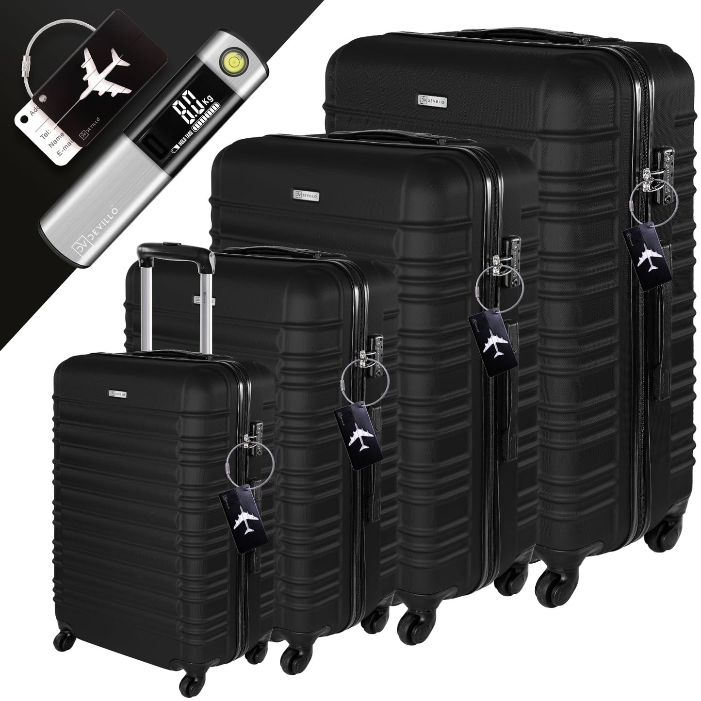 Ceļojumu koferu komplekts Devillo®, 4 daļas, S-M-L-XL, melns, cietais korpuss, TSA slēdzene, 4 ritentiņi, ABS