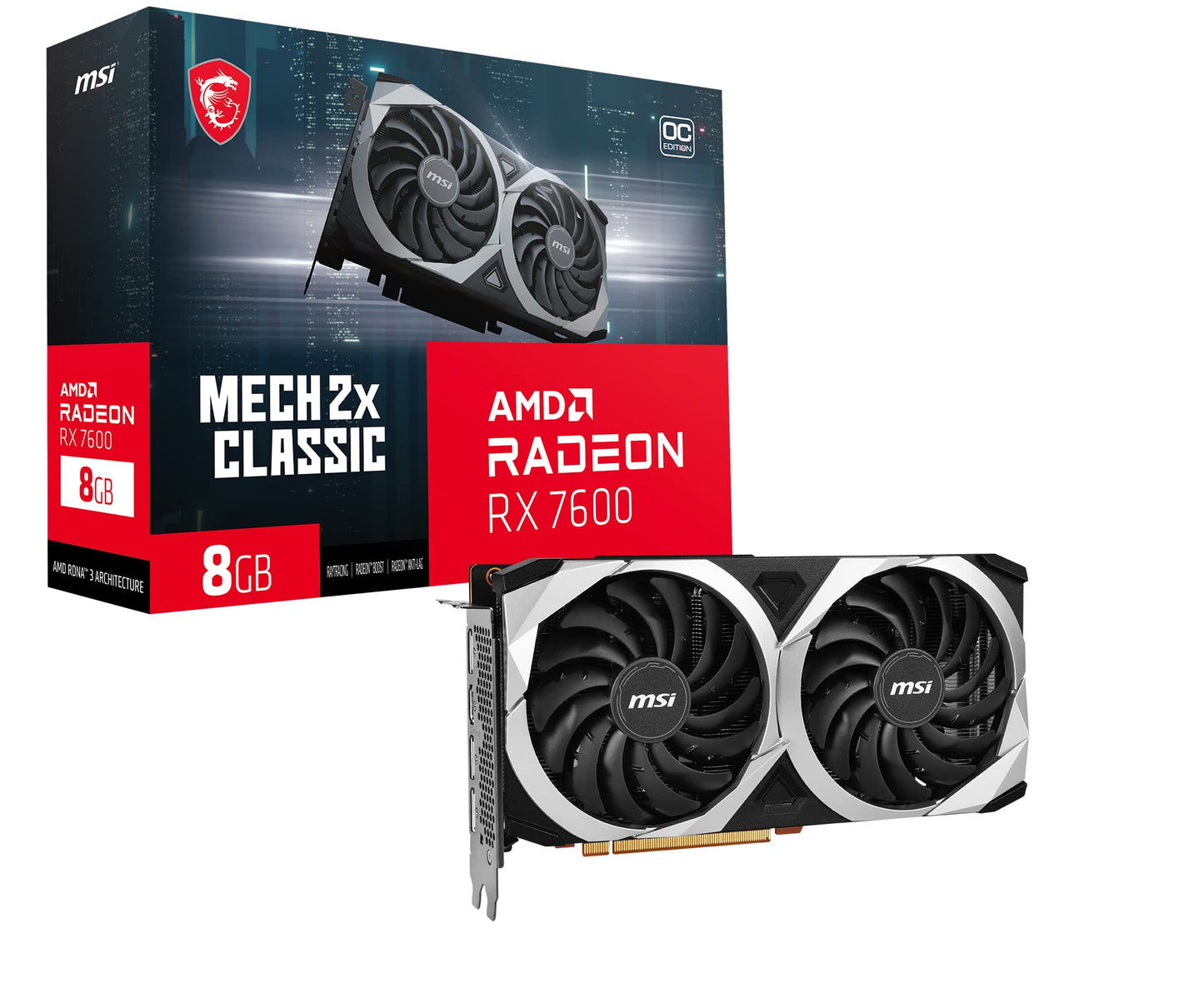 MSI Gaming Radeon RX 7600 - 8GB GDDR6, Dual Torx 3.0 fans, FreeSync, DirectX 12, VR Ready, OC graphics card.
