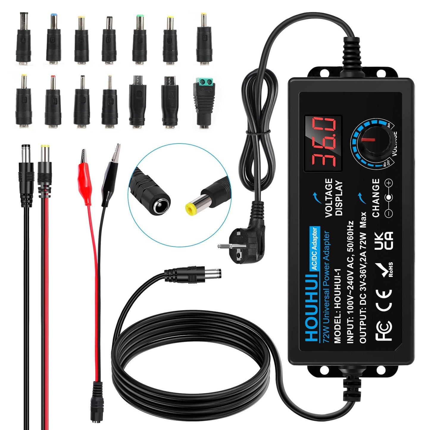 Regulējams barošanas adapteris HOUHUI 3-36V 72W 2A ar LED displeju, 5,5x2,5mm spraudnis