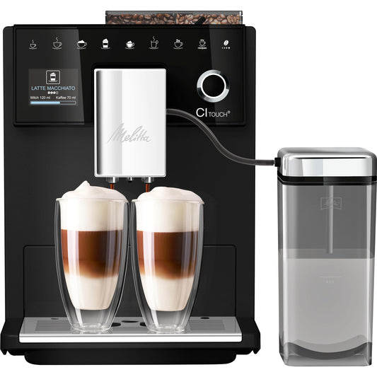 Melitta CI Touch - pilnībā automātiska kafijas automāts ar piena sistēmu, matēti melns, ar integrētām dzirnaviņām.