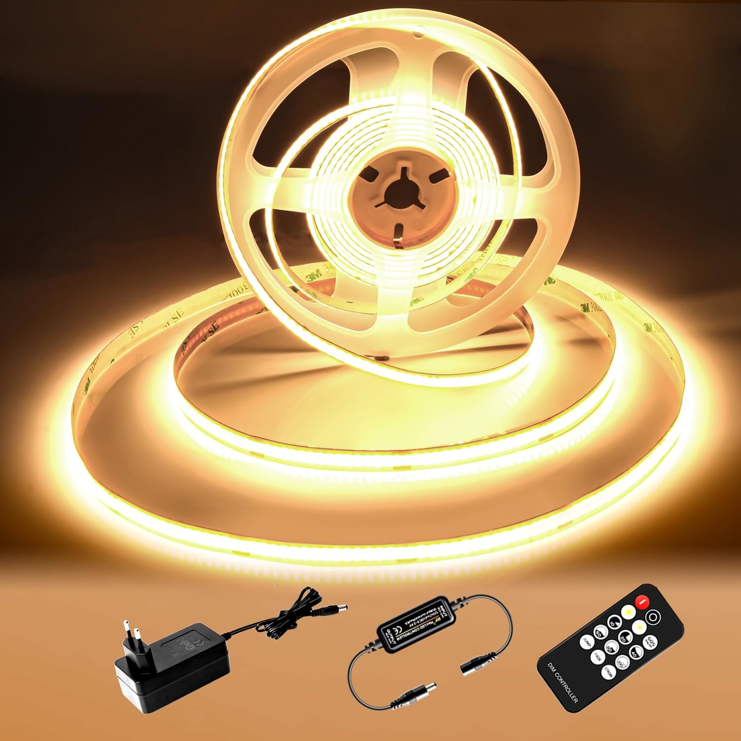LED lente luktix COB 2M, Warmweiss 3000K, 24V dimmējama LED sloksne, CRI92, 8mm platums, ar tālvadības pulti un barošanas bloku, mājas dekoram, virtuvei, spogulim