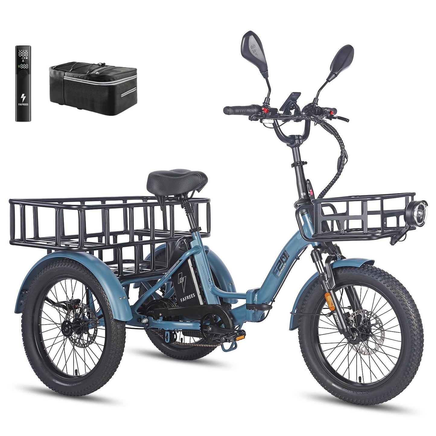 Elektriskais kravas trīsritenis Fafrees F20 Mate, Upgrade 2025, saliekams e-velosipēds 48V 21Ah akumulators, 20*3.0 Zoll, 65N.m, priekšējais grozs + liels grozs, zils