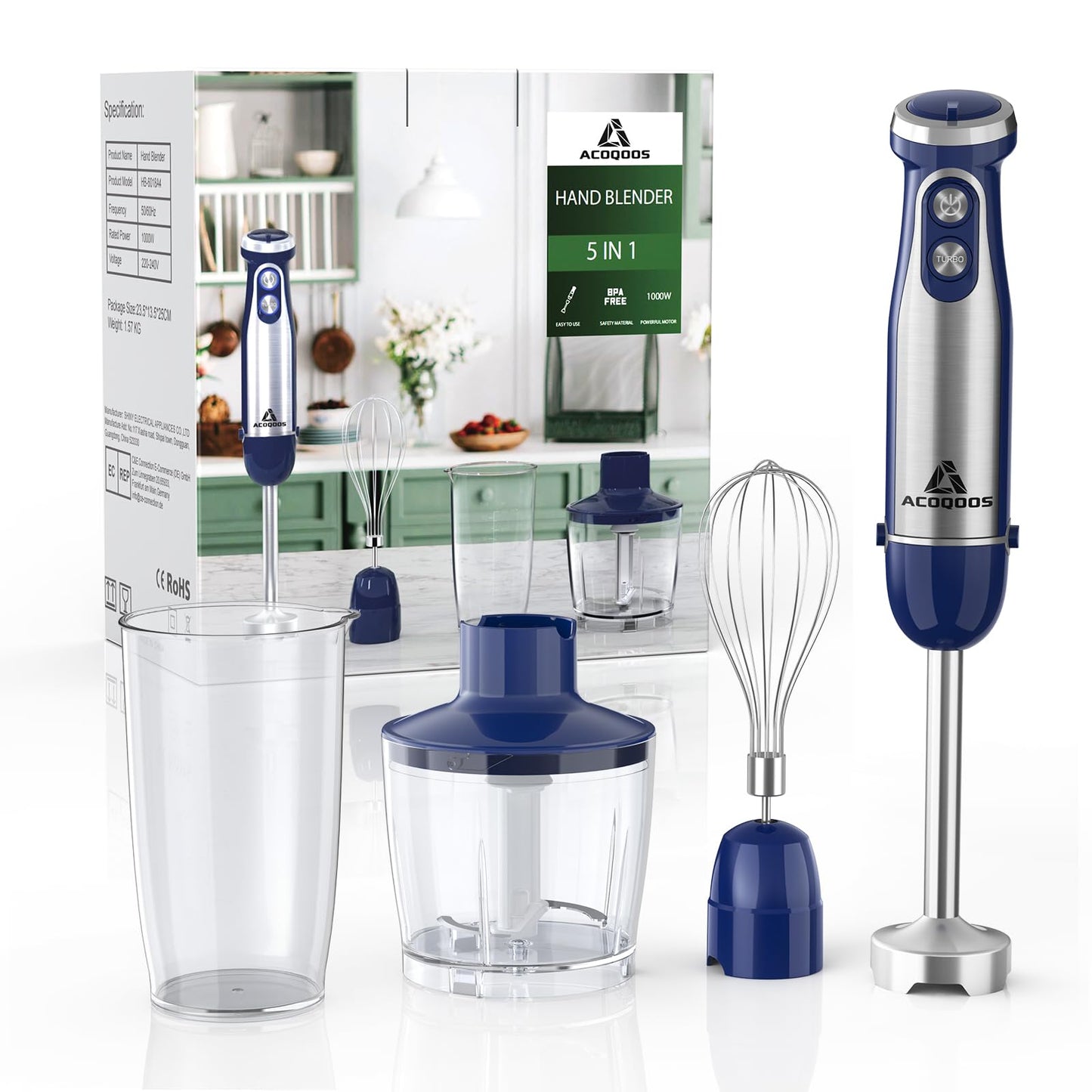 Stabmiksēšanas komplekts 1000 vati ar 6 regulējamām ātruma pakāpēm, nerūsējošā tērauda mīklas maisītājs, testu uzvarētājs, iekļauts 600 ml maisīšanas un mērkauss no ACOQOOS.