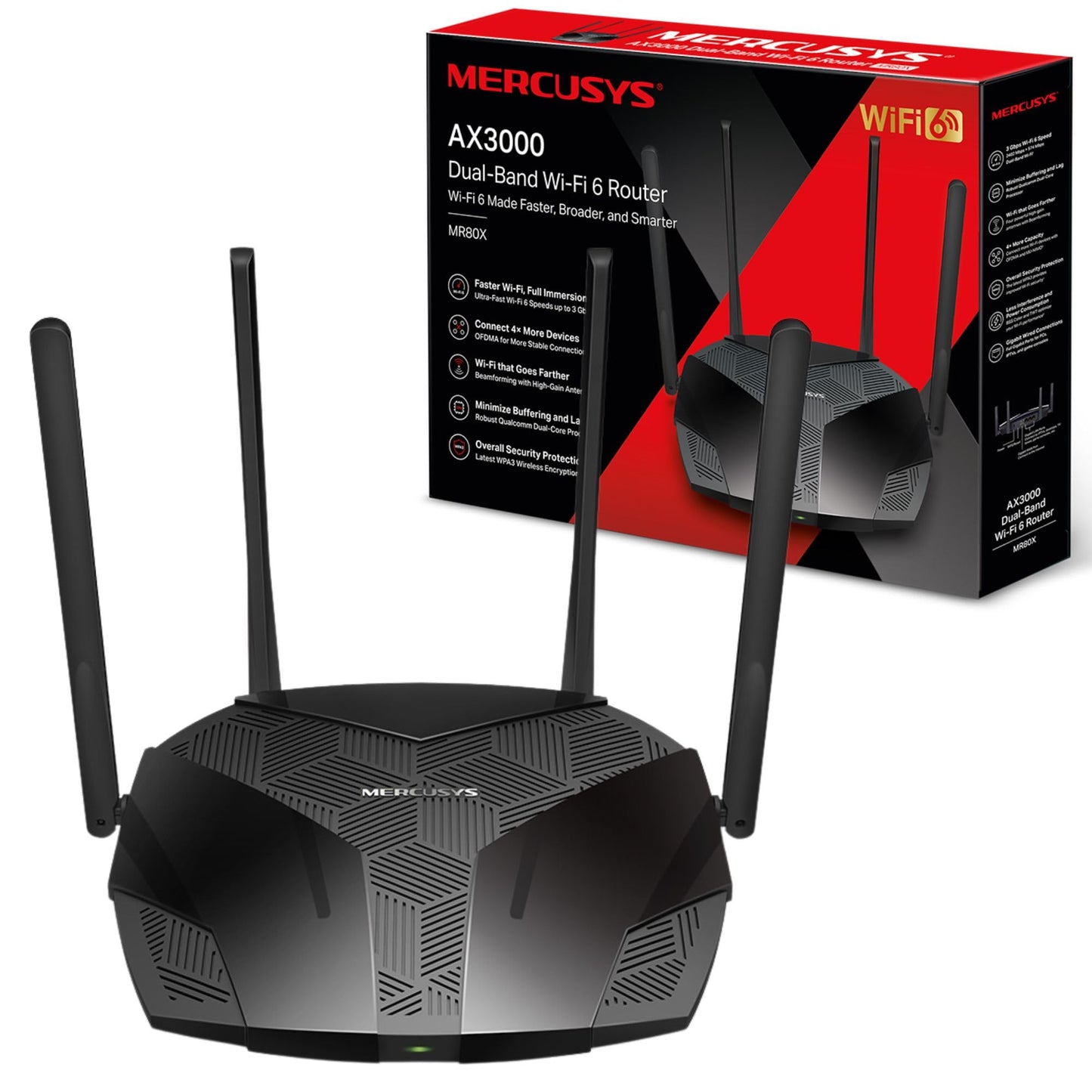 Mercusys AX3000 Dual-Band Wi-Fi 6 maršrutētājs | 2402 Mbps (5 GHz) + 574 Mbps (2,4 GHz), augstas ātruma bezvadu spēļu maršrutētājs Xbox, PS4, Steam un 4K straumēšanai, 160 MHz kanāls, 3 Gigabit LAN porti (MR80X)