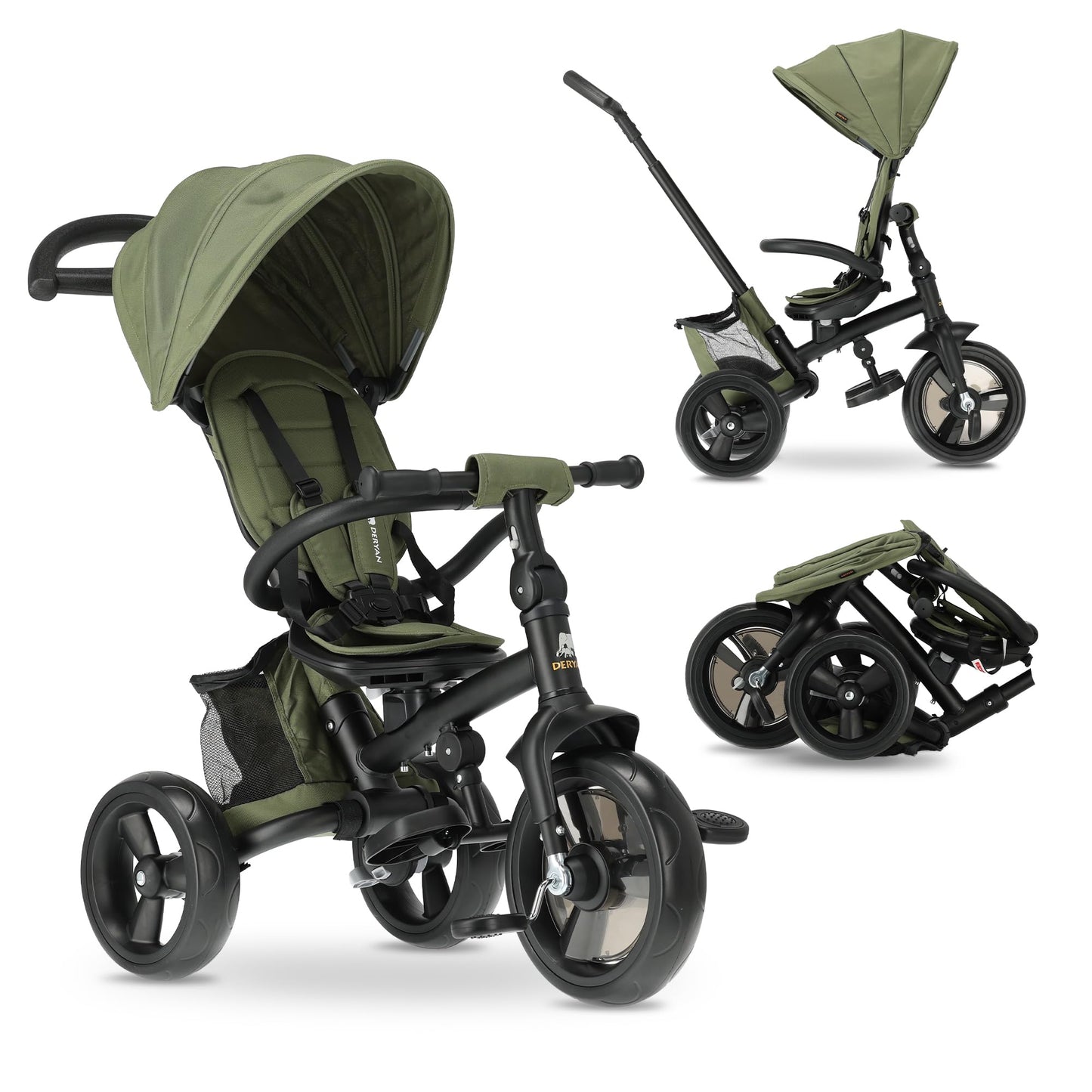 Bērnu trīsritenis Deryan Explorer no 9 mēnešiem līdz 25 kg ar stumšanas rokturi, kompakti salokāms, grozāms sēdeklis braukšanai uz priekšu un atpakaļ, atverams jumtiņš ar saules aizsardzību, zaļš