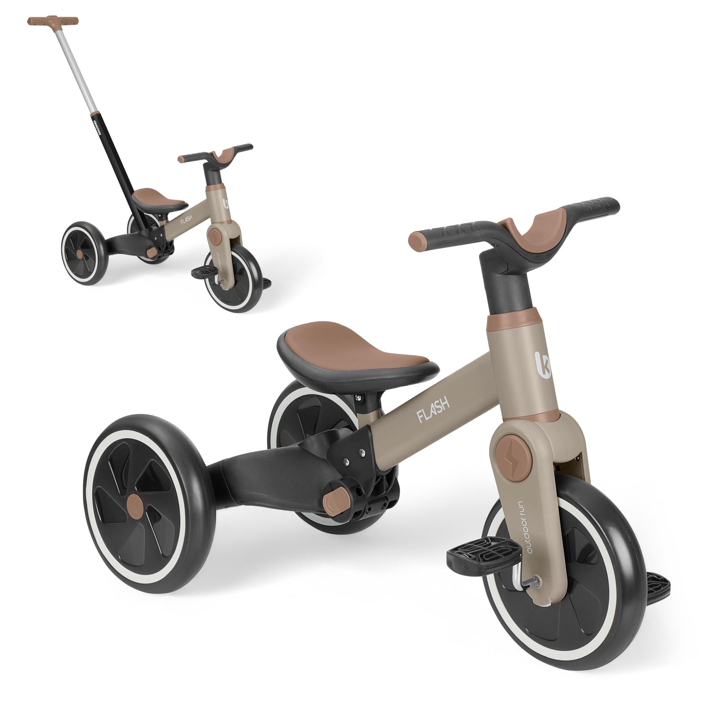 Bērnu trīsritenis KikkaBoo Flash 5-in-1 no 18 mēnešiem, pārveidojams par skrejriteni un velosipēdu bez pedāļiem, ar regulējamu stumšanas rokturi, EVA riteņiem, tērauda rāmi, beige