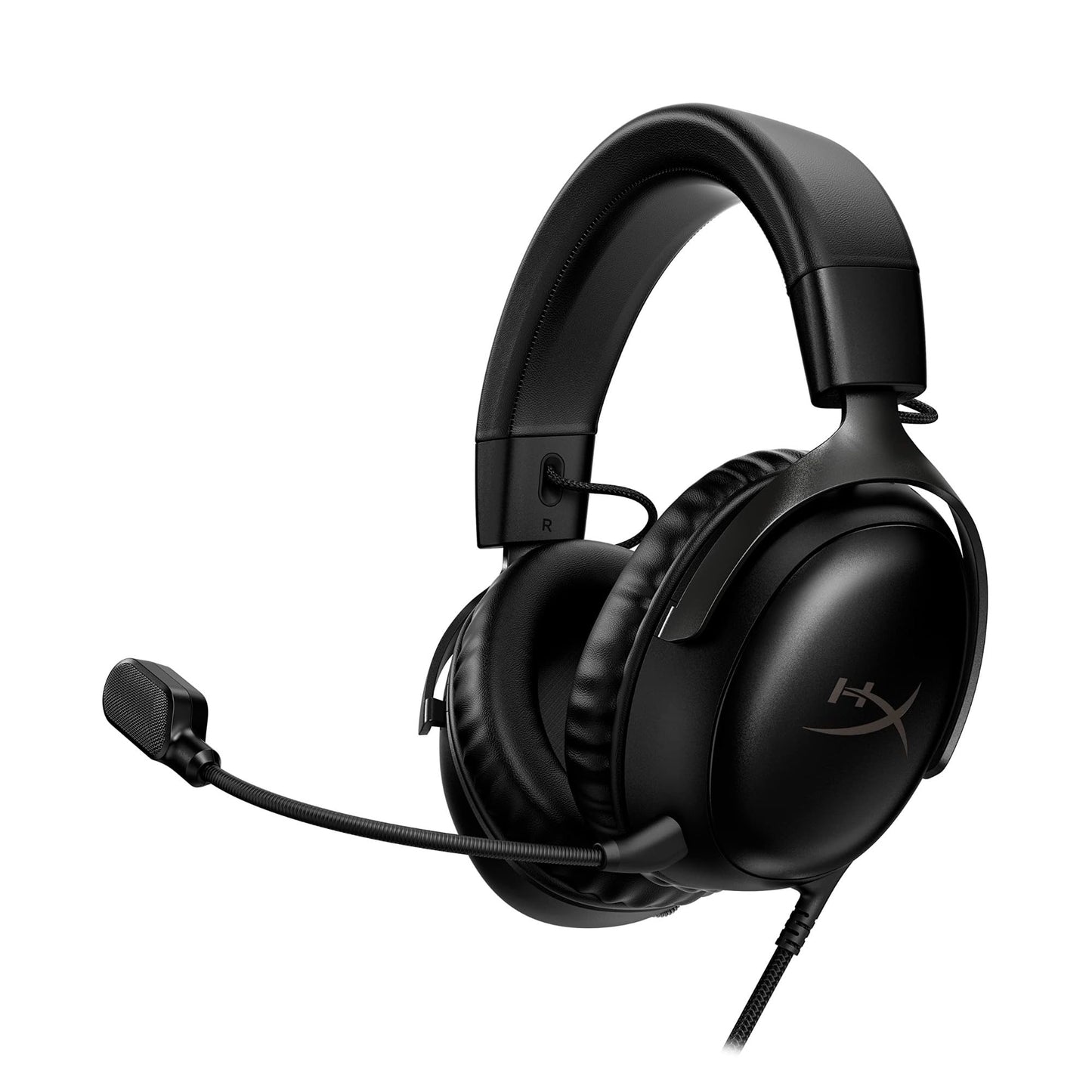 Vadu spēļu austiņas HyperX Cloud III datoram, PS5 un Xbox Series X|S, leņķoti 53mm draiveri, DTS, atmiņas putas, izturīgs rāmis, īpaši skaidrs 10mm mikrofons, USB-C, USB-A, 3,5mm, melnas