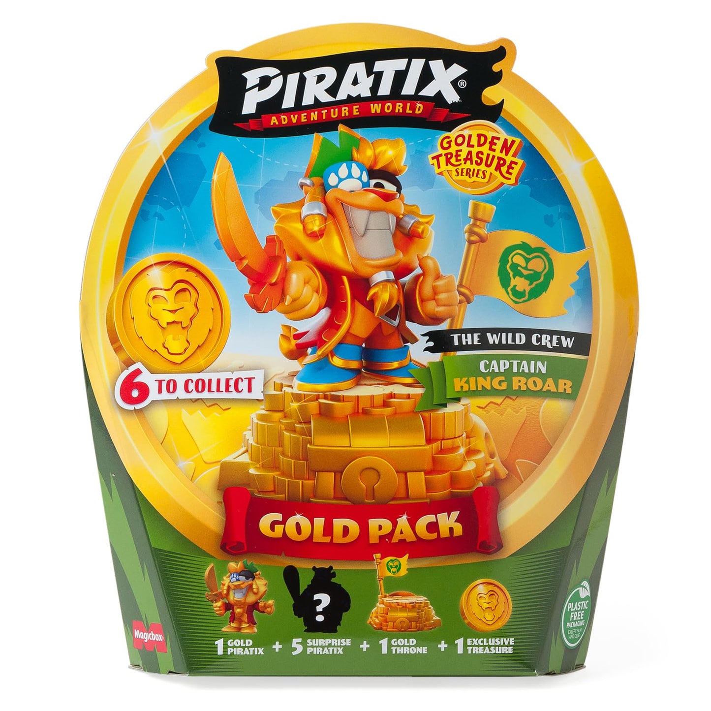 PIRATIX ADVENTURE WORLD Zelta dārgums - 5 pārsteigumi, ekskluzīvs dārgums, karogs, pjedestāls, 6 piederumi, zelta kapteinis.