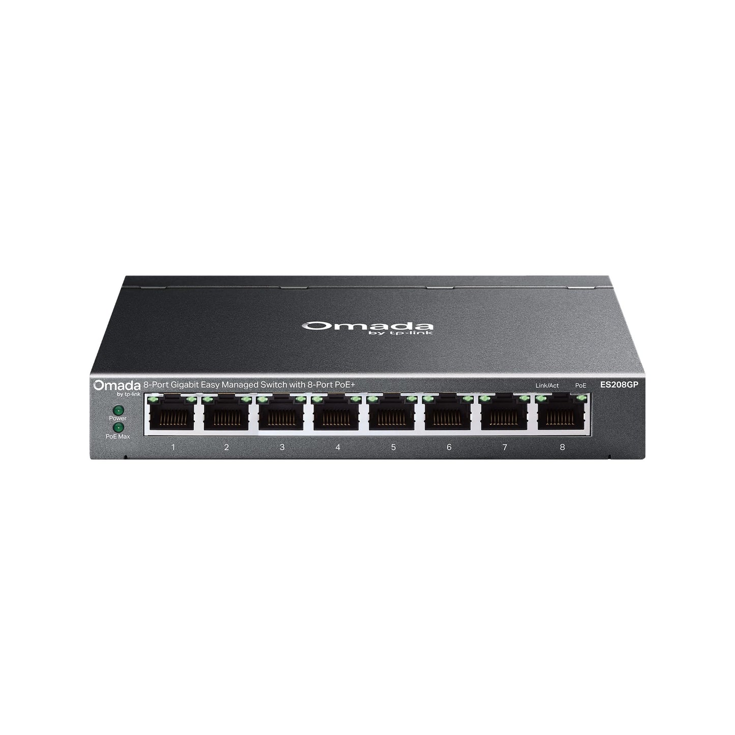 TP-Link Omada ES208GP Easy Managed Gigabit PoE+ slēdzis, 8 portu Gigabit RJ45 ar 64W PoE budžetu, Cloud vadība, VLAN, QoS, IGMP Snooping, bezventilatora metāla korpuss, darbvirsmas/sienas montāža