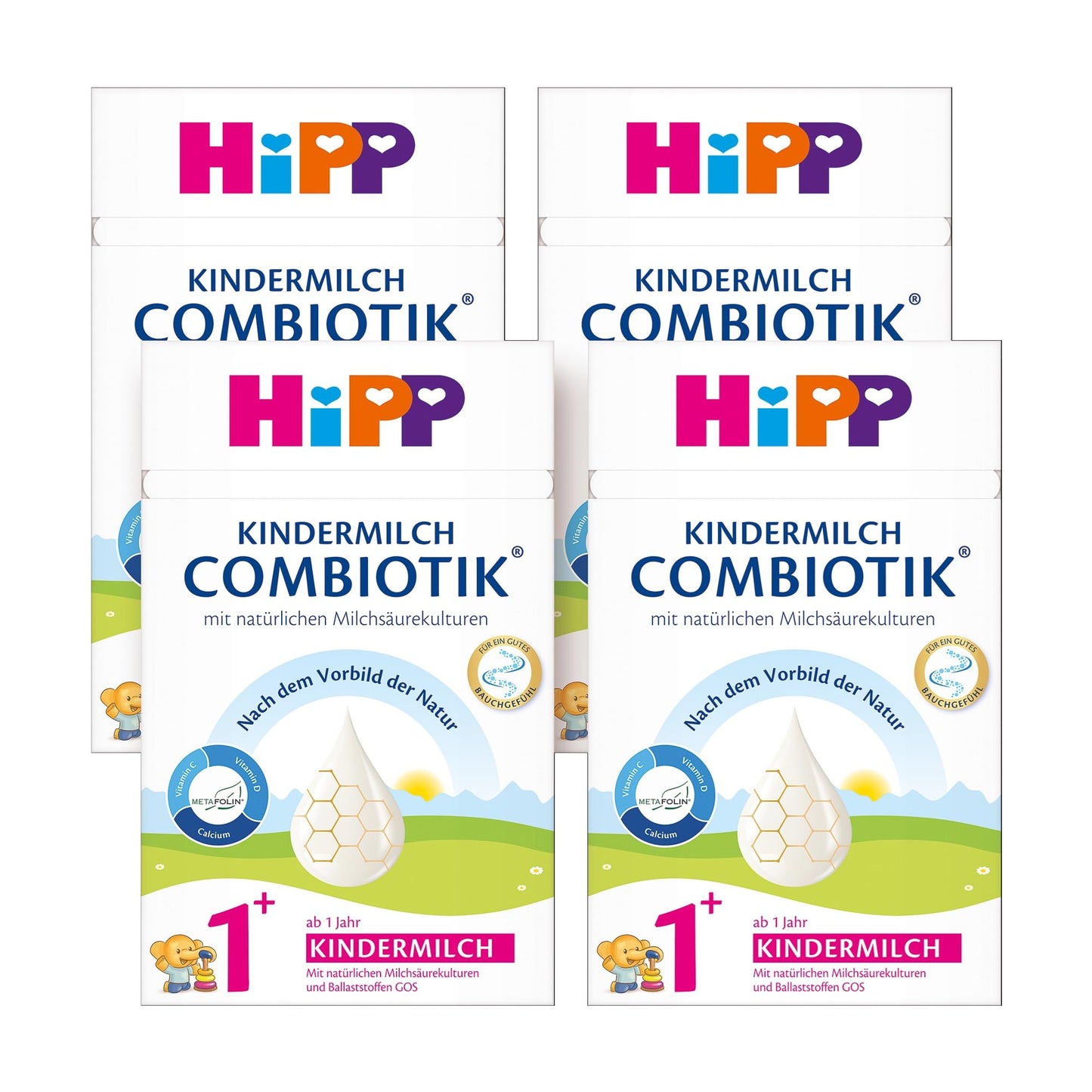 HiPP bērnu piens Combiotik 1+ 4 x 600 g, no 1 gada, ar dabīgām pienskābes baktēriju kultūrām un šķiedrvielām, kalciju, C un D vitamīnu, labs vēderam