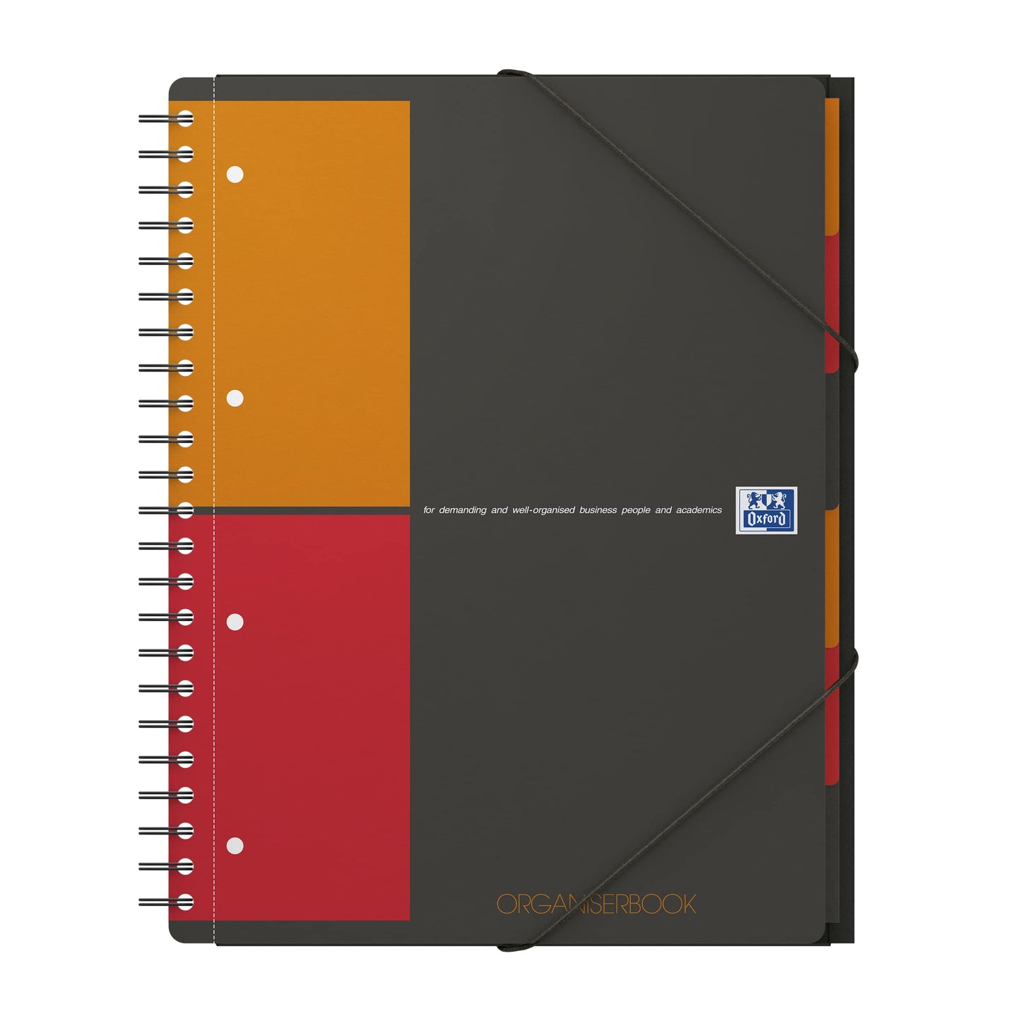 Oxford Organiserbook International A4 - 160 pages, grid layout, elastic strap, 6 fixed dividers for organization.